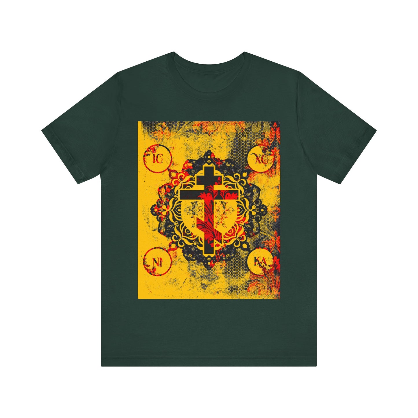 Forest T-shirt featuring an IC XC NIKA Orthodox Cross on a yellow and red modern-medieval textured floral background—a unique tribute to Orthodox Christian symbolism and the mystery of the Cross.
