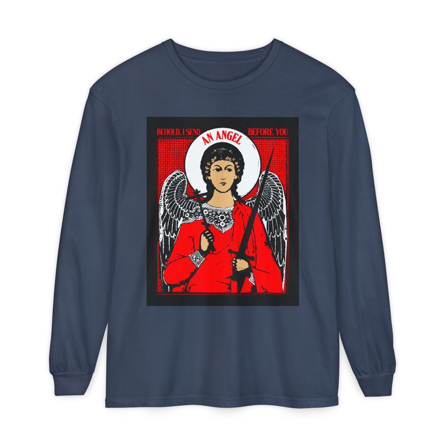 Behold, I Send an Angel Before You (Exodus 23:20) | Guardian Angel With Cross and Sword IconoGraphic | Orthodox Christian Long Sleeve Shirt
