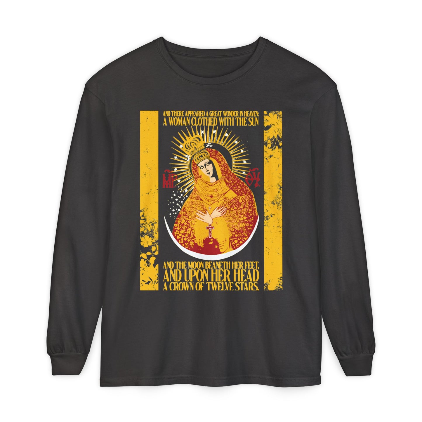Graphite long-sleeve cotton shirt featuring the Theotokos with a crown, gold floral texture, and Revelation 12:1 text, inspired by Our Lady the Gate of Dawn—an Orthodox Christian design honoring the Woman of the Apocalypse.