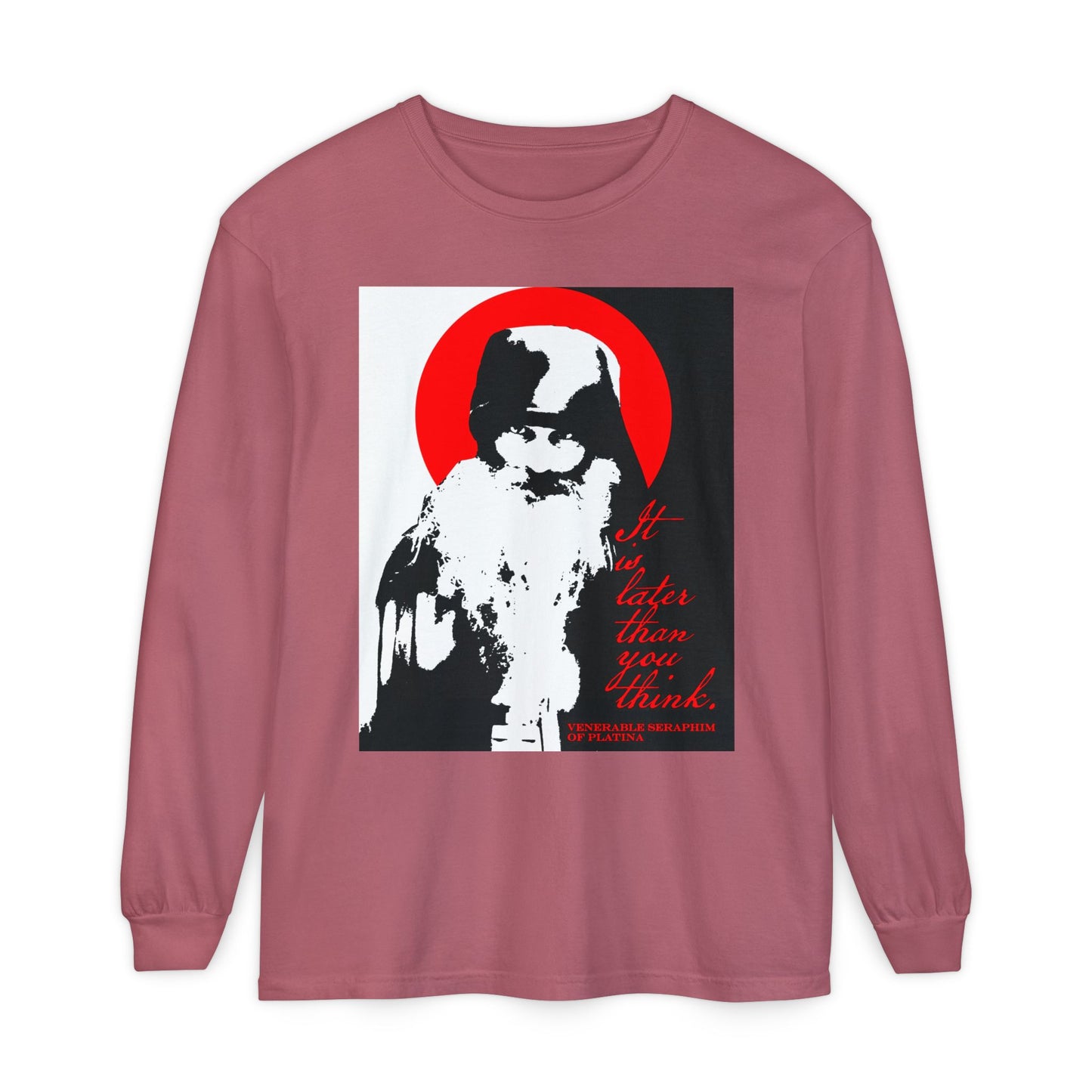 The Remembrance of Death "It's Later Than You Think" long sleeve features a black and white illustration of Fr Seraphim Rose with a red halo, red quote text, and memento mori theme—modern Orthodox saint-inspired, in high contrast mauve.