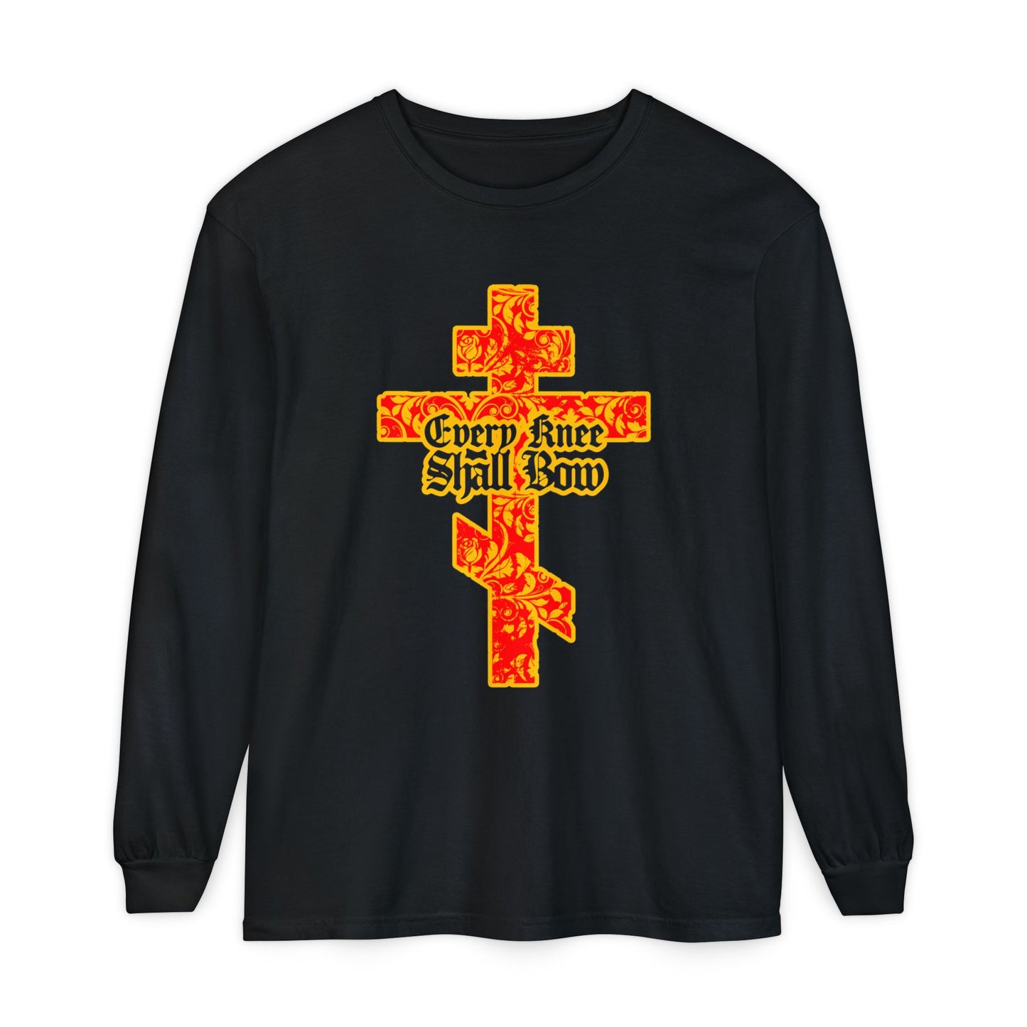 Black long-sleeve shirt with a gold and red floral-texture Orthodox cross, gothic "Every Knee Shall Bow" text, and verses from Isaiah 45:22-24 and Philippians 2:7-11, declaring Jesus Christ as Lord.