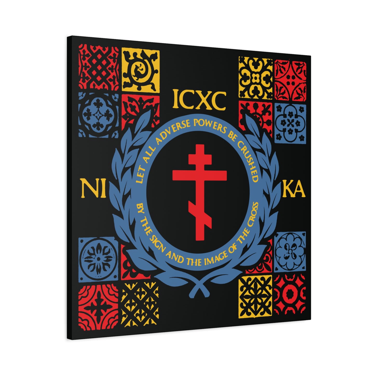 Let All Adverse Powers Be Crushed (Red, Yellow & Blue Design) | ICXC NIKA | Medieval Tile Design | Orthodox Christian Canvas Art