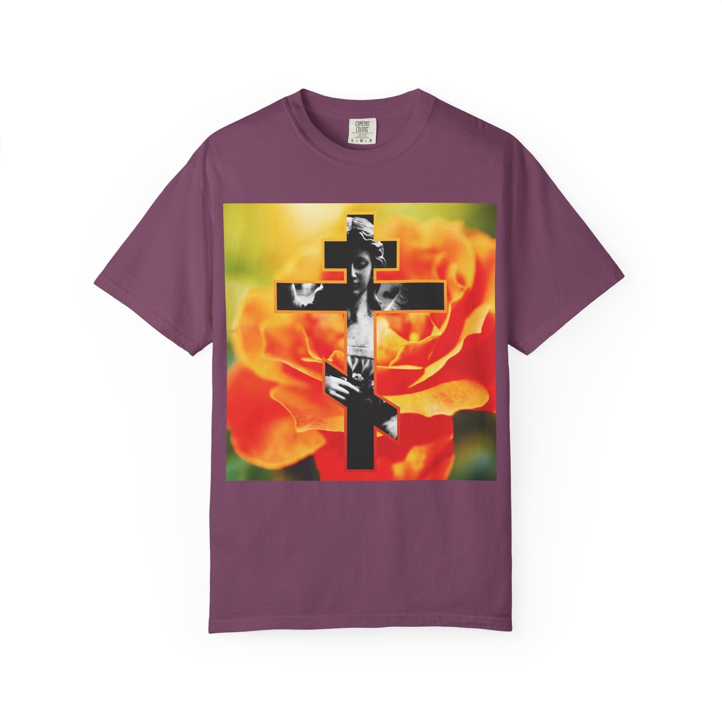 Berry t-shirt featuring the Cemetery Statue Angel Cross on an orange rose with a “Remember You Will Die” (Memento Mori) theme, inspired by Orthodox Christian tradition and St Paul’s message about the cross of our Lord Jesus Christ.