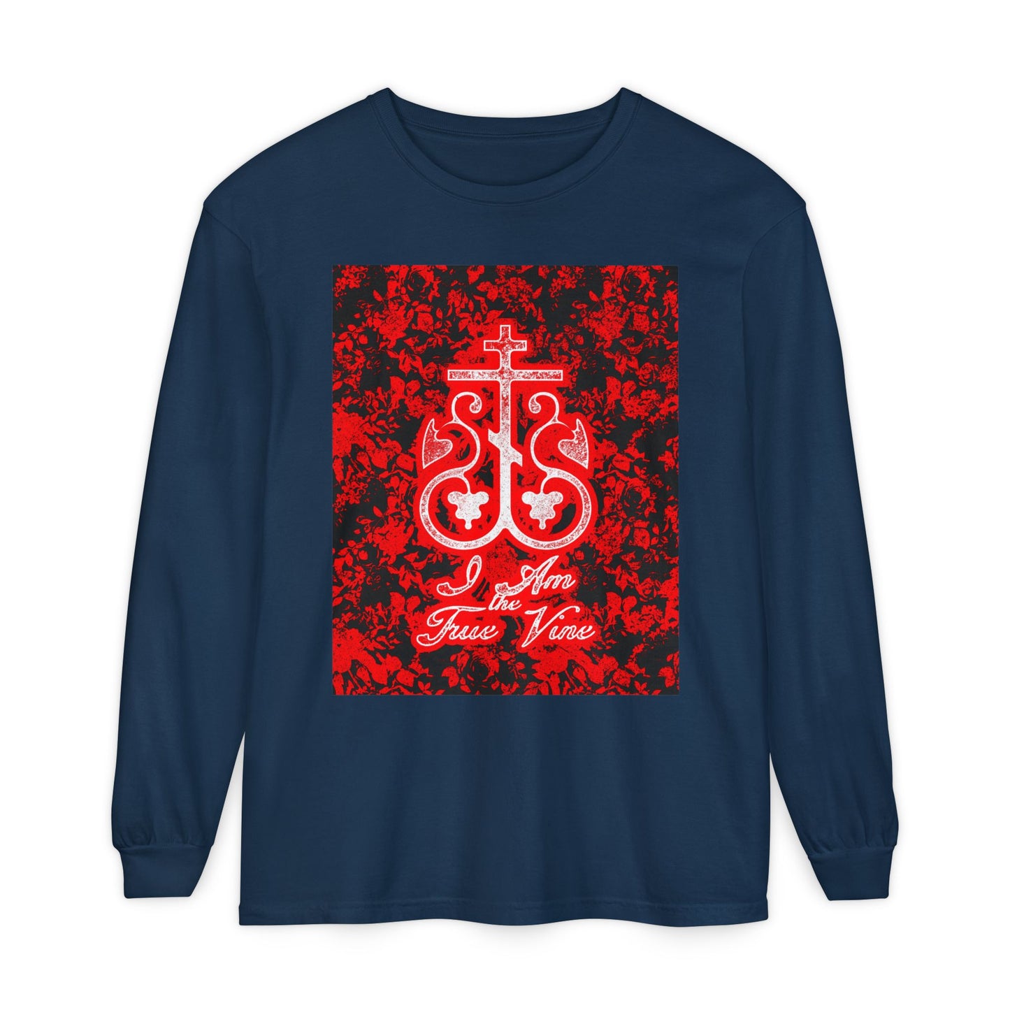 I Am the True Vine (John 15:1) | Orthodox Cross Vine Monogram | Red and Black Floral Design | Orthodox Christian Long Sleeve Shirt