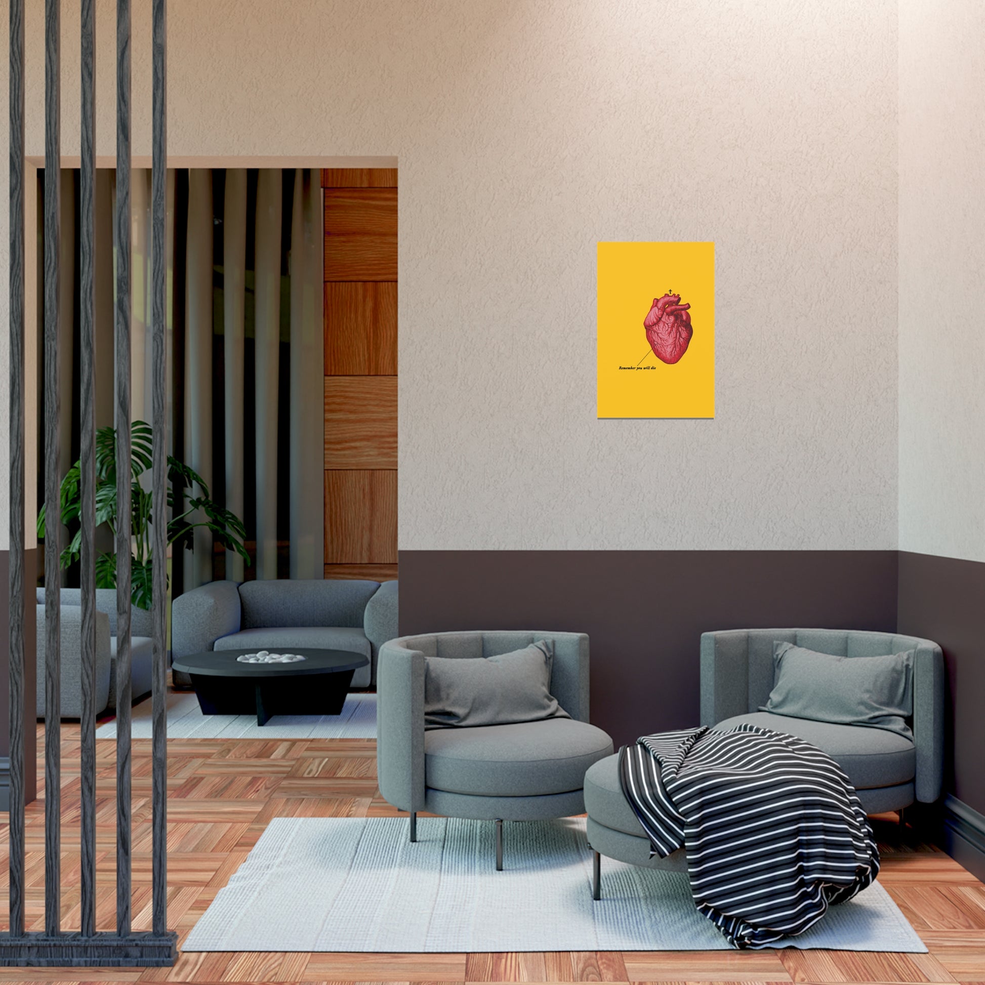 A modern living room features gray chairs, a striped blanket, and the “Remember You Will Die” Christian art poster with a retro heart and Orthodox cross—an inviting space for reflection and prayer.