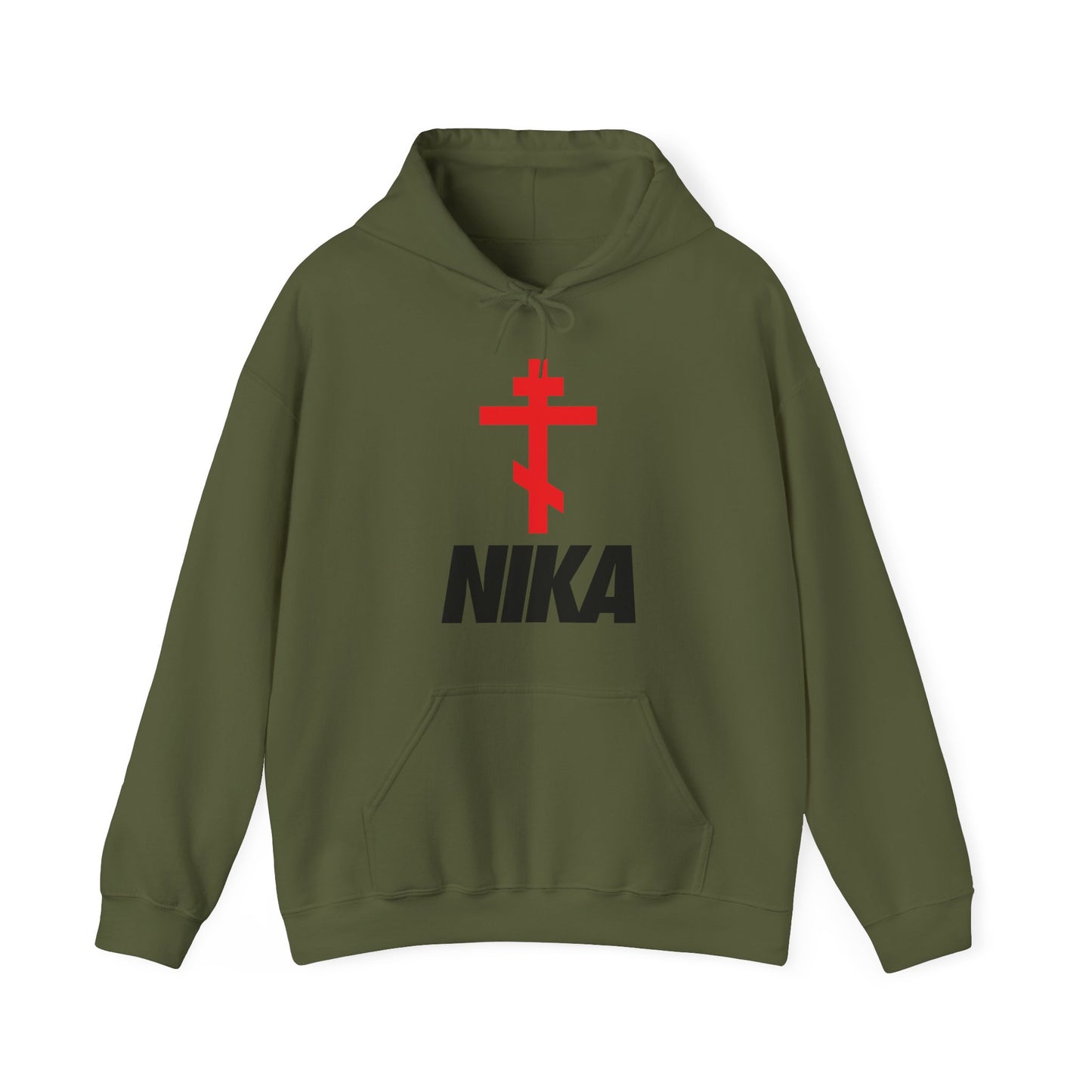 NIKA Red Russian Cross Black Text | NIKE Logo Mashup | Minimalist Corporate Sports Logo Aesthetic | Orthodox Christian Hoodie / Hooded Sweatshirt-Military Green-S-Remembrance of Death