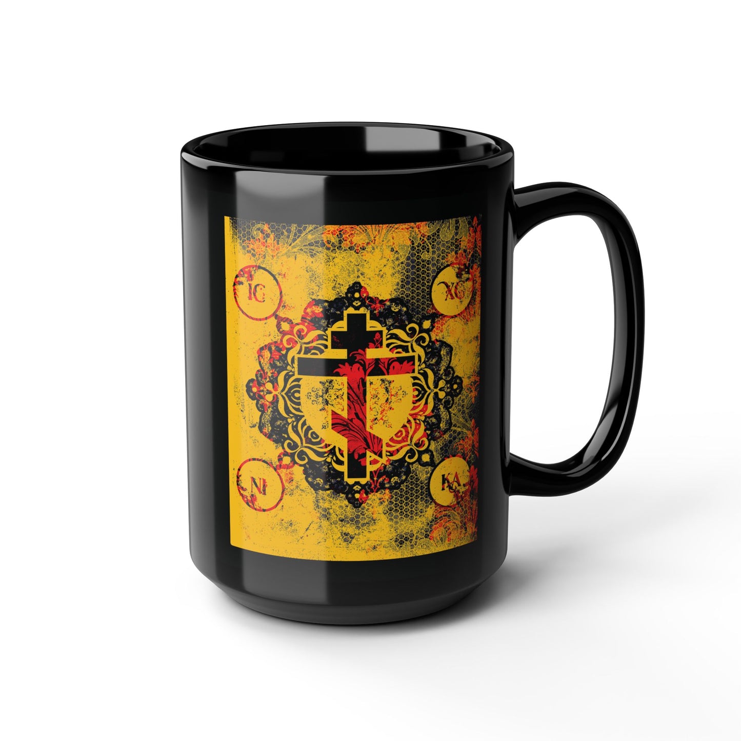 IC XC NIKA Orthodox Cross | Yellow & Red Modern & Medieval Textured Floral Design | Orthodox Christian Black Mug