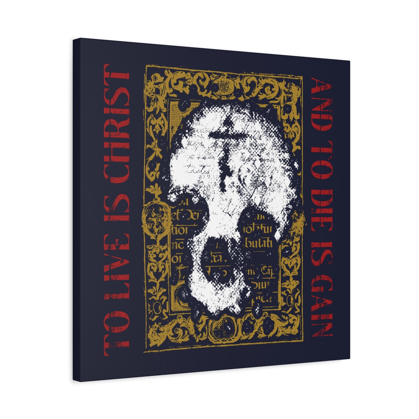 To Live is Christ, to Die is Gain (Philippians 1:21) | Skull with Cross on Gold Manuscript Texture | Orthodox Christian Canvas Art