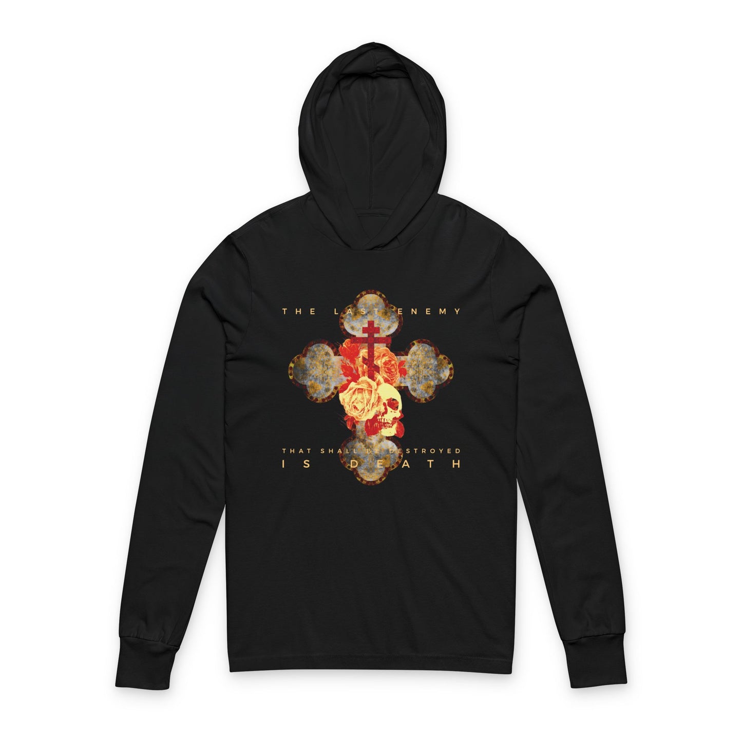 Remembrance of Death “The Final Enemy That Shall Be Destroyed Is Death (1 Cor 15:26)” hoodie features a metallic gothic cross with rose and skull, symbolizing Christ's resurrection and victory over death. Orthodox Christian design.