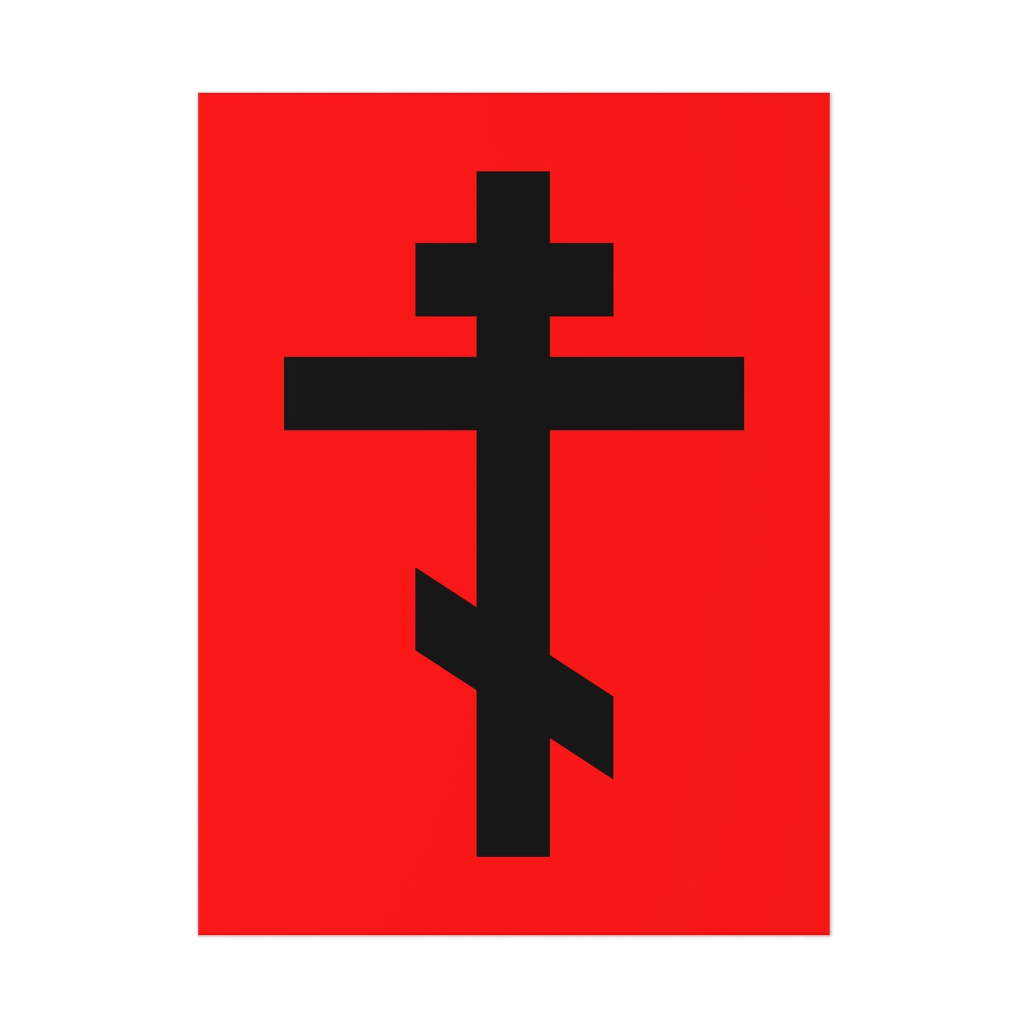 Bold black Orthodox cross set against a vivid red background, featuring Galatians 6:14—"May I never boast, except in the cross of our Lord Jesus Christ." Orthodox Art Poster.