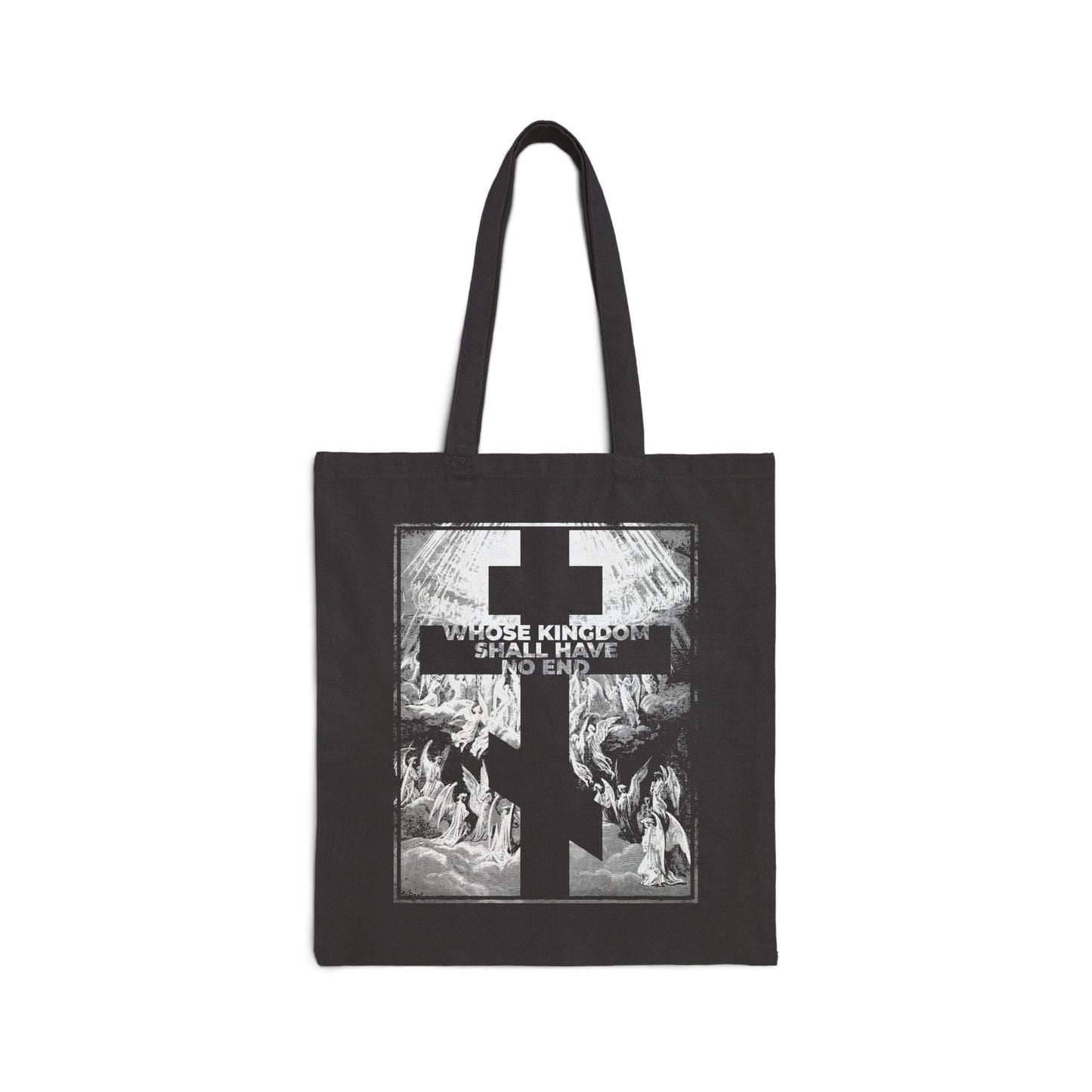 Black "Whose Kingdom Shall Have No End" Orthodox tote bag, inspired by the Nicene Creed and Gustave Doré’s etching, with symbolic cross design—a statement of enduring Christian faith.