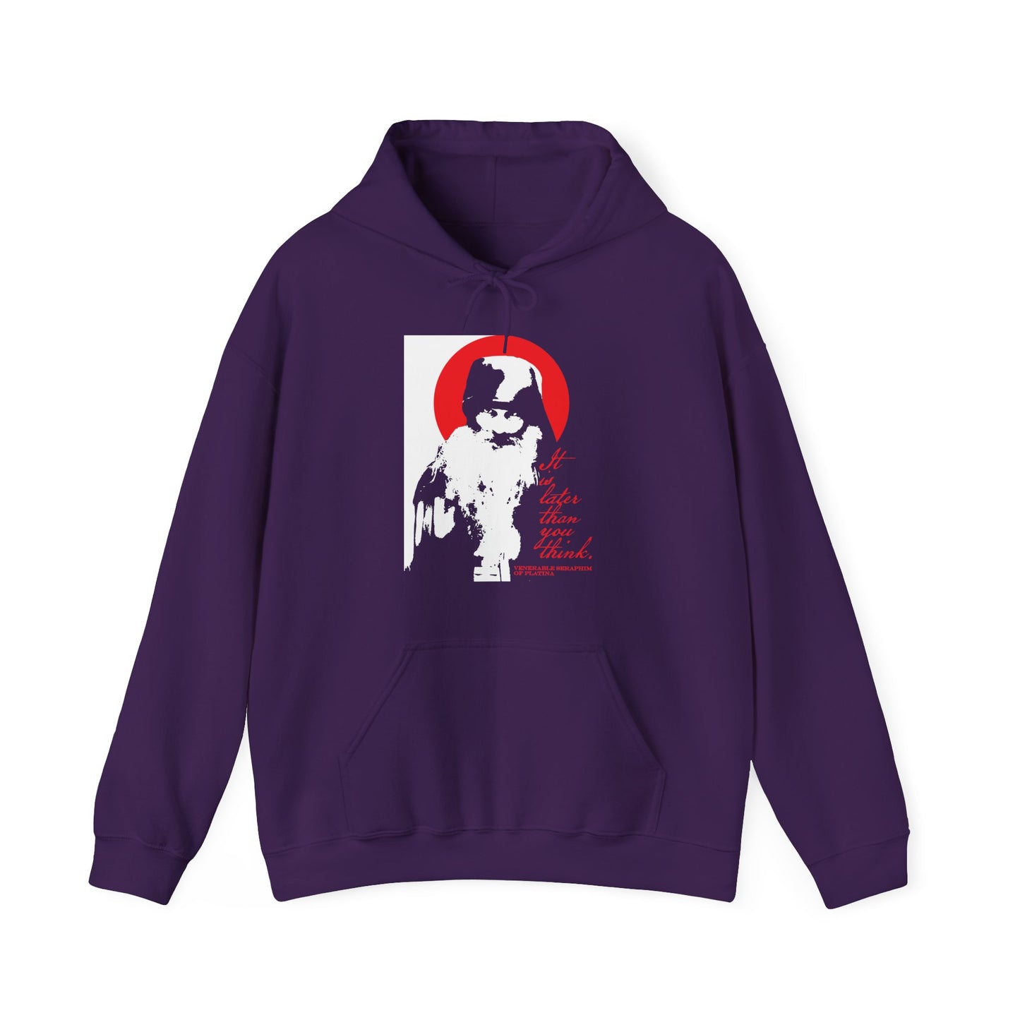The "It's Later Than You Think" hoodie by Remembrance of Death features a high-contrast black, white, and red graphic of Fr Seraphim Rose with "Higher than the Think" text, inspired by Orthodox spiritual life and Memento Mori themes.