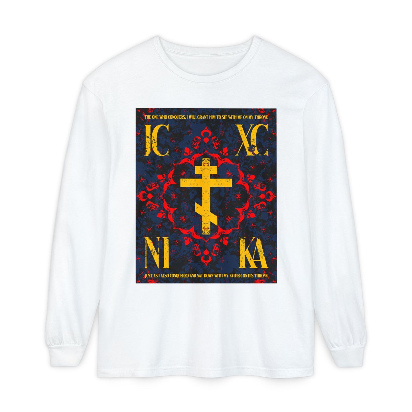 IC XC NIKA Orthodox Cross | Medieval Floral Design | The One Who Conquers (Revelation 3:21) | Orthodox Christian Long Sleeve Shirt