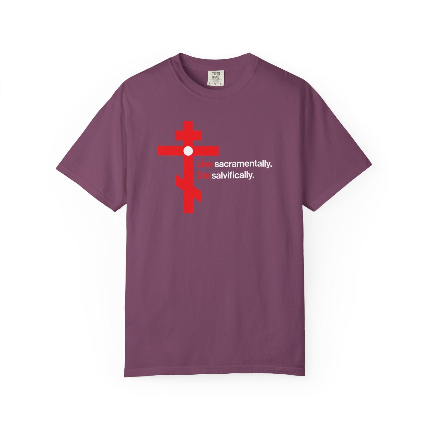 Live Sacramentally, Die Salvifically | Remember You Will Die | Memento Mori | Red Orthodox Cross White Circle | Heavyweight Cotton Unisex Tee