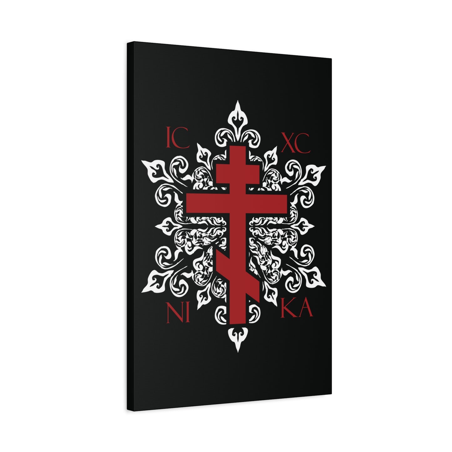ICXC / NIKA Red Orthodox Cross on Ornate White Medieval Floral Design | Exclusive Best-Selling | Orthodox Christian Canvas Art