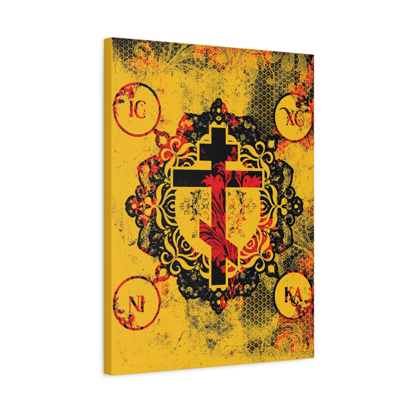 IC XC NIKA Orthodox Cross | Yellow & Red Modern & Medieval Textured Floral Design | Orthodox Christian Canvas Art