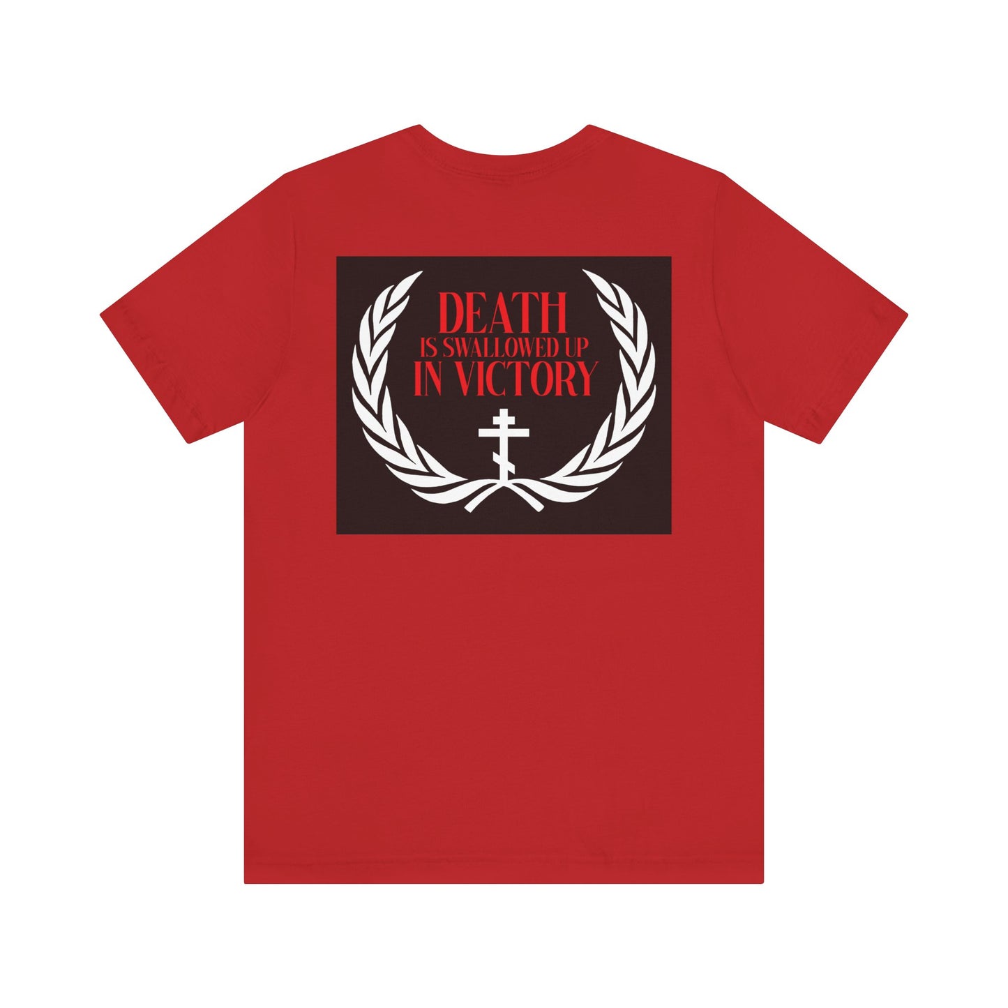 The Archangel Michael of the Apocalypse Iconographic Double-Sided Unisex T-Shirt features a laurel wreath, cross, and “Death is swallowed up in victory” on the back, inspired by Michael’s triumph in Revelation 12:7-9.