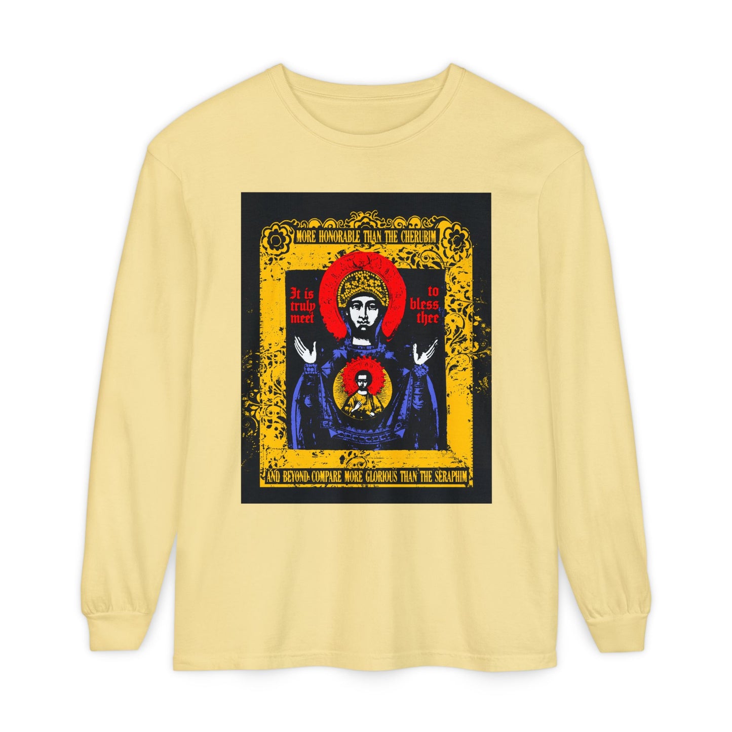 It is Truly Meet To Bless Thee Iconographic | Axion Estin Hymn to the Mother of God Theotokos | Orthodox Christian Long Sleeve Shirt