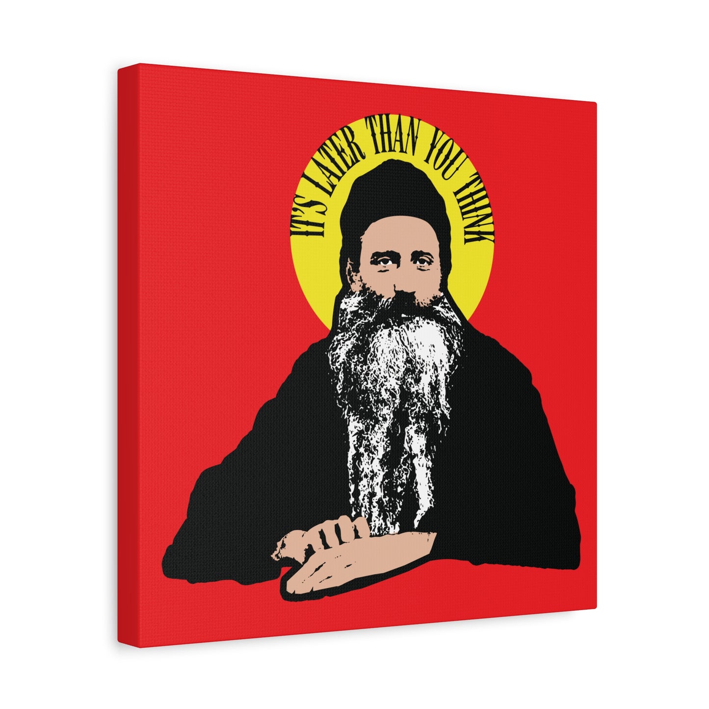 Illustration of Fr Seraphim Rose with a yellow halo and the quote "It's Later Than You Think" on a red background, inspired by a modern American Orthodox Christian saint. Orthodox Christian wall art.