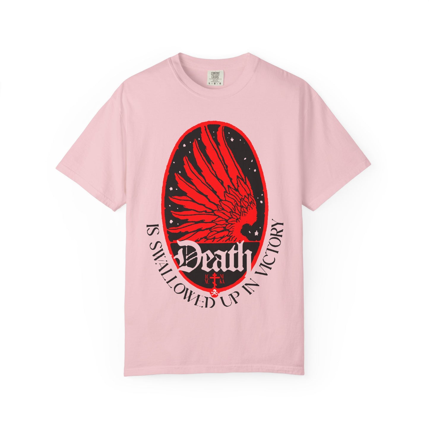 Blossom-colored unisex heavyweight cotton tee featuring an Art Nouveau eagle wing and stars design with the text “Death is Swallowed Up In Victory (1 Cor 15:54),” celebrating the Orthodox Christian themes of immortality and incorruption.