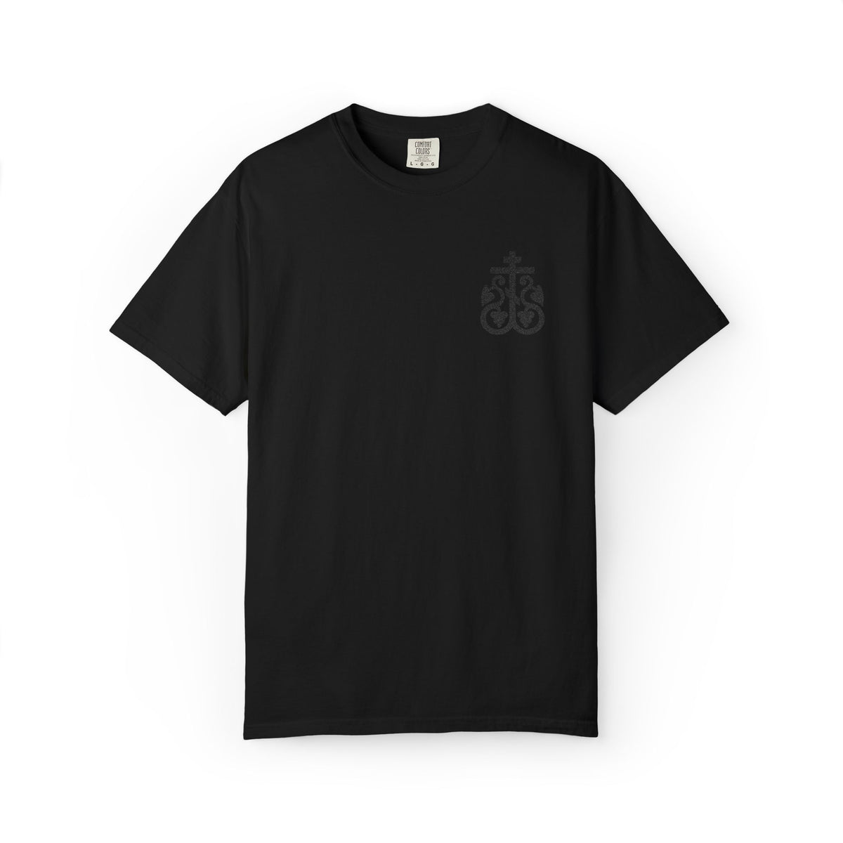 Black On Black Embroidered True Vine Orthodox Cross heavy cotton t-shirt with an embroidered vine-style cross.