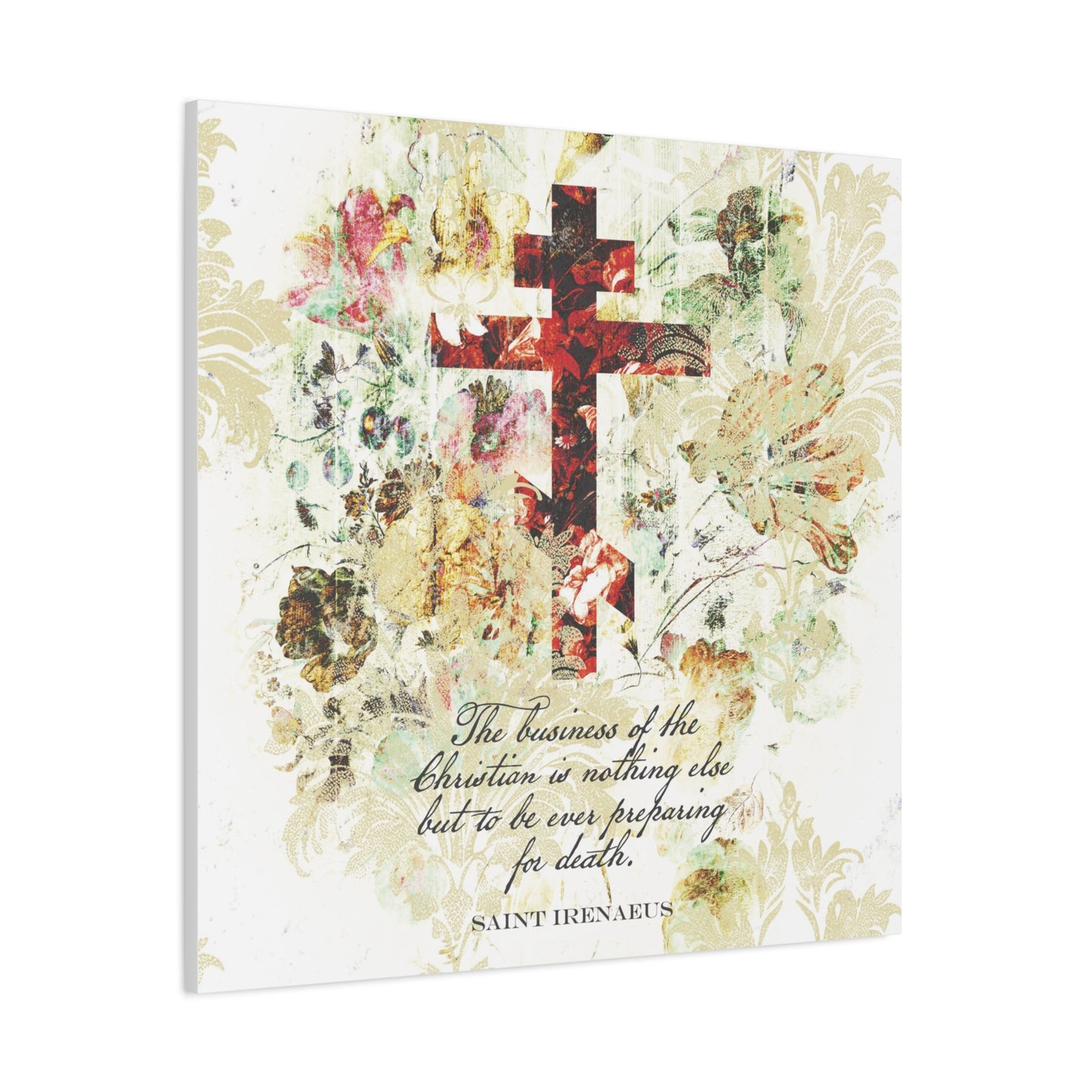 Preparing For Death | White & Beige Floral Scrapbook Texture Cross | Arts & Crafts Style | St Irenaeus | Orthodox Christian Canvas Art