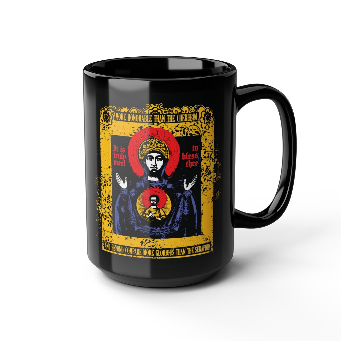 It is Truly Meet To Bless Thee Iconographic | Axion Estin Hymn to the Mother of God Theotokos | Orthodox Christian Black Mug