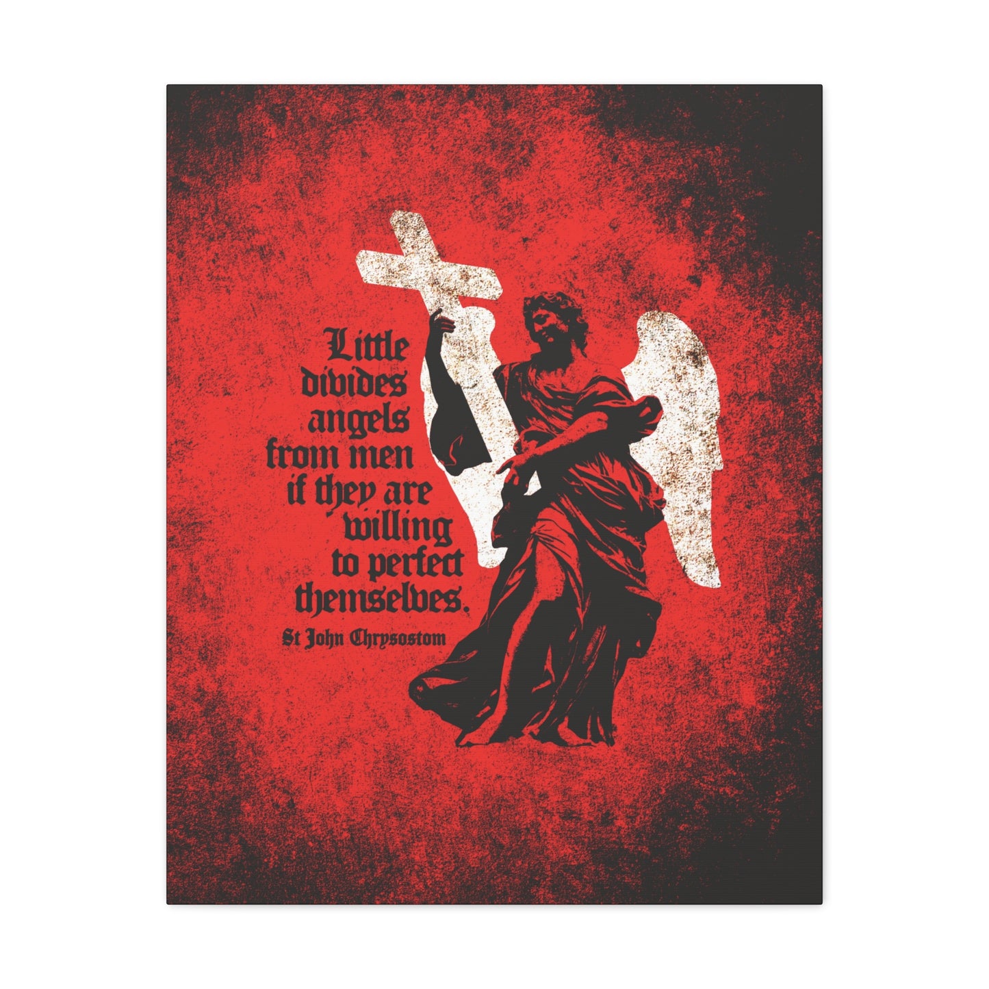 Showcase your faith with "Little Divides Angels from Men," a textured Orthodox Christian canvas art featuring a black angel, white wing and cross, and St. John Chrysostom’s quote "Be ye holy" on a red and black background.