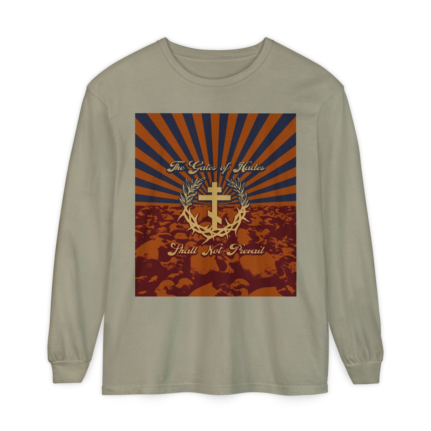 The Gates of Hades Shall Not Prevail | Cross with Wreath & Crown of Thorns | Skulls and Rays | Orthodox Christian Long Sleeve Shirt