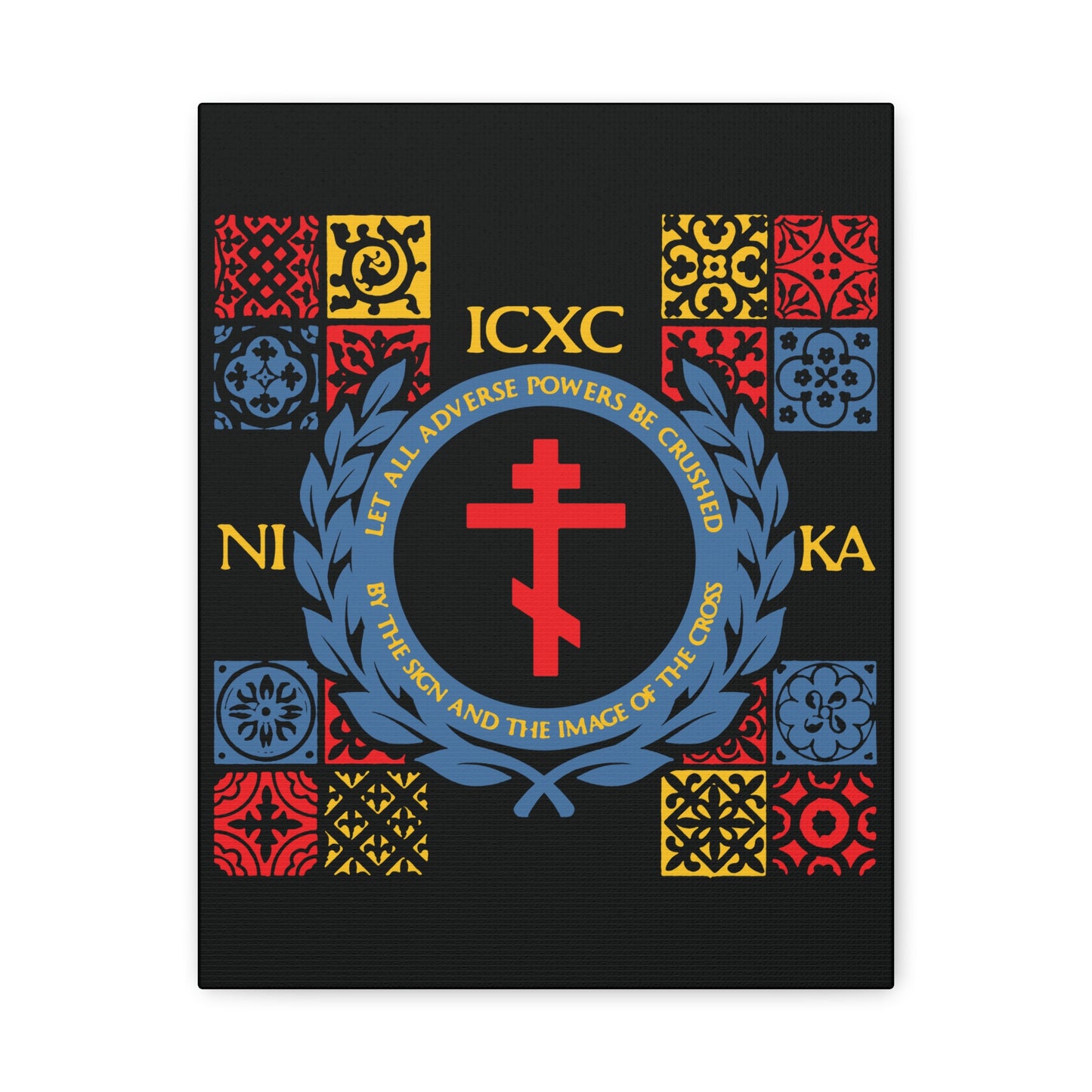 Let All Adverse Powers Be Crushed (Red, Yellow & Blue Design) | ICXC NIKA | Medieval Tile Design | Orthodox Christian Canvas Art