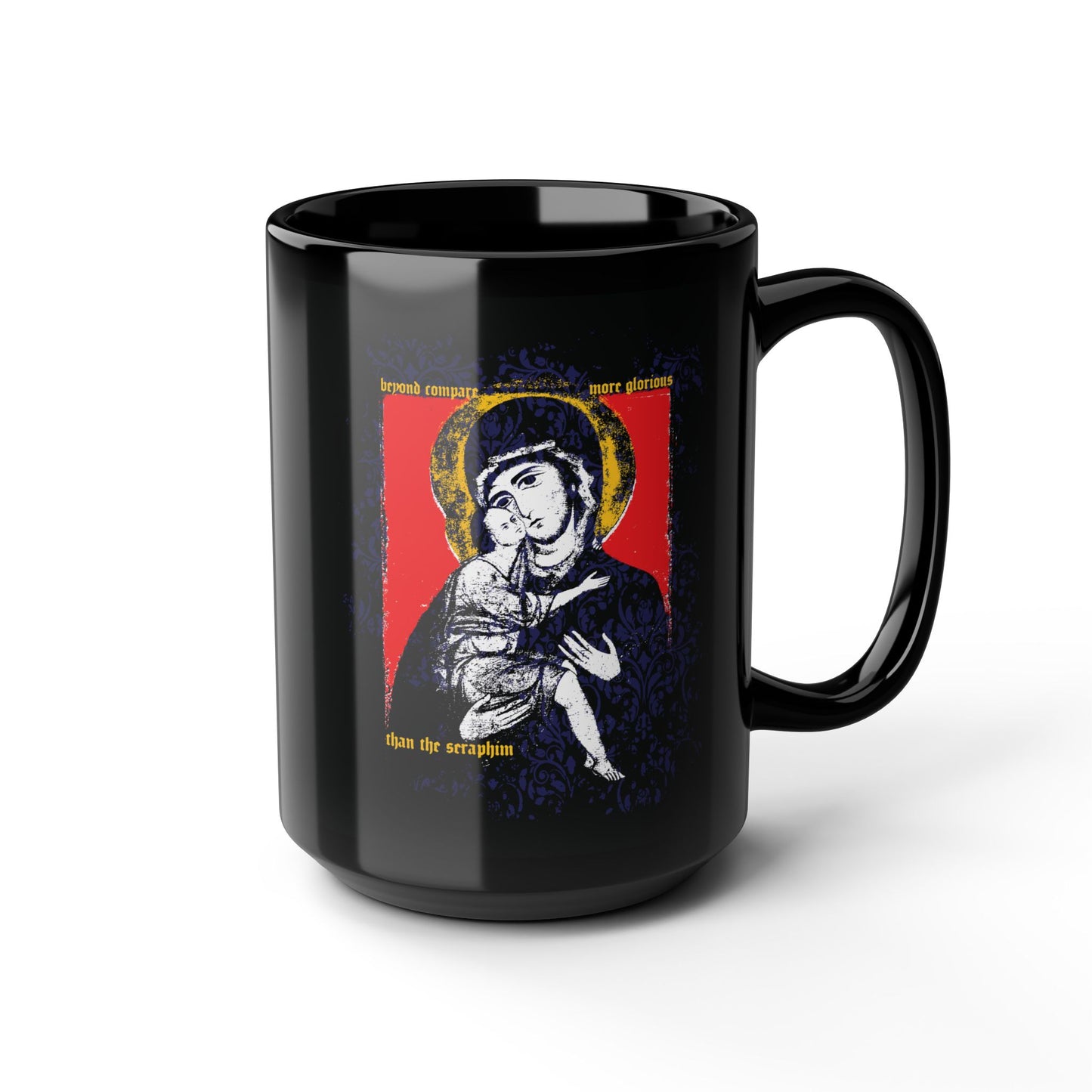 Beyond Compare More Glorious Than the Seraphim | Vladimir Theotokos Iconographic | Orthodox Christian Black Mug