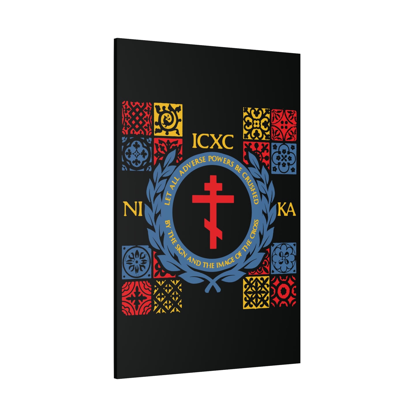 Let All Adverse Powers Be Crushed (Red, Yellow & Blue Design) | ICXC NIKA | Medieval Tile Design | Orthodox Christian Canvas Art