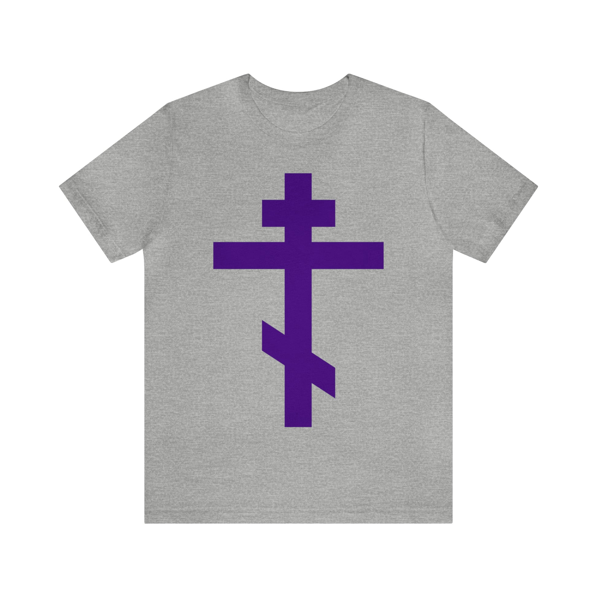Athletic Heather t-shirt featuring a large purple Orthodox cross on the front, inspired by St. John of Kronstadt. Product: Simple Orthodox Cross (Purple) No. 1 | Orthodox Christian T-Shirt.