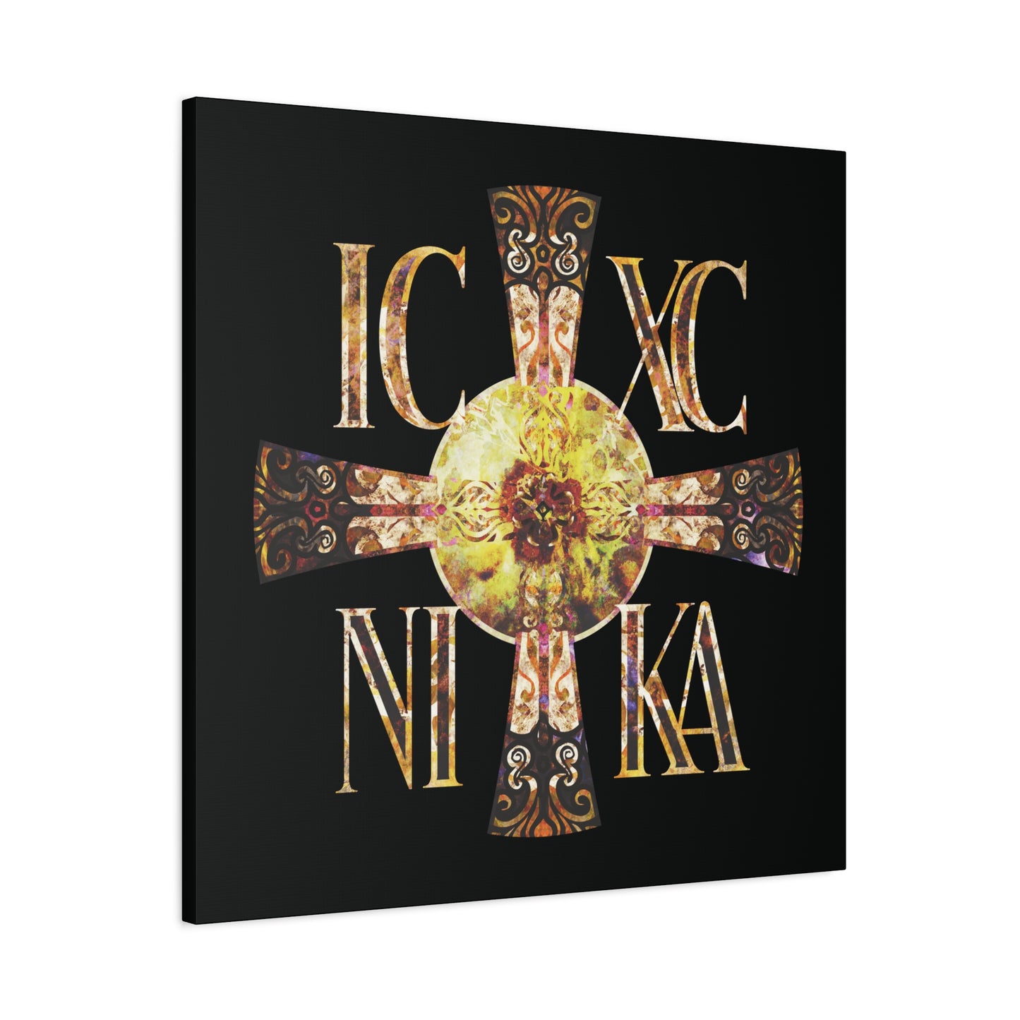 ICXC NIKA Celtic Style Equal Armed Cross | Bright Solar Texture | Orthodox Christian Canvas Art
