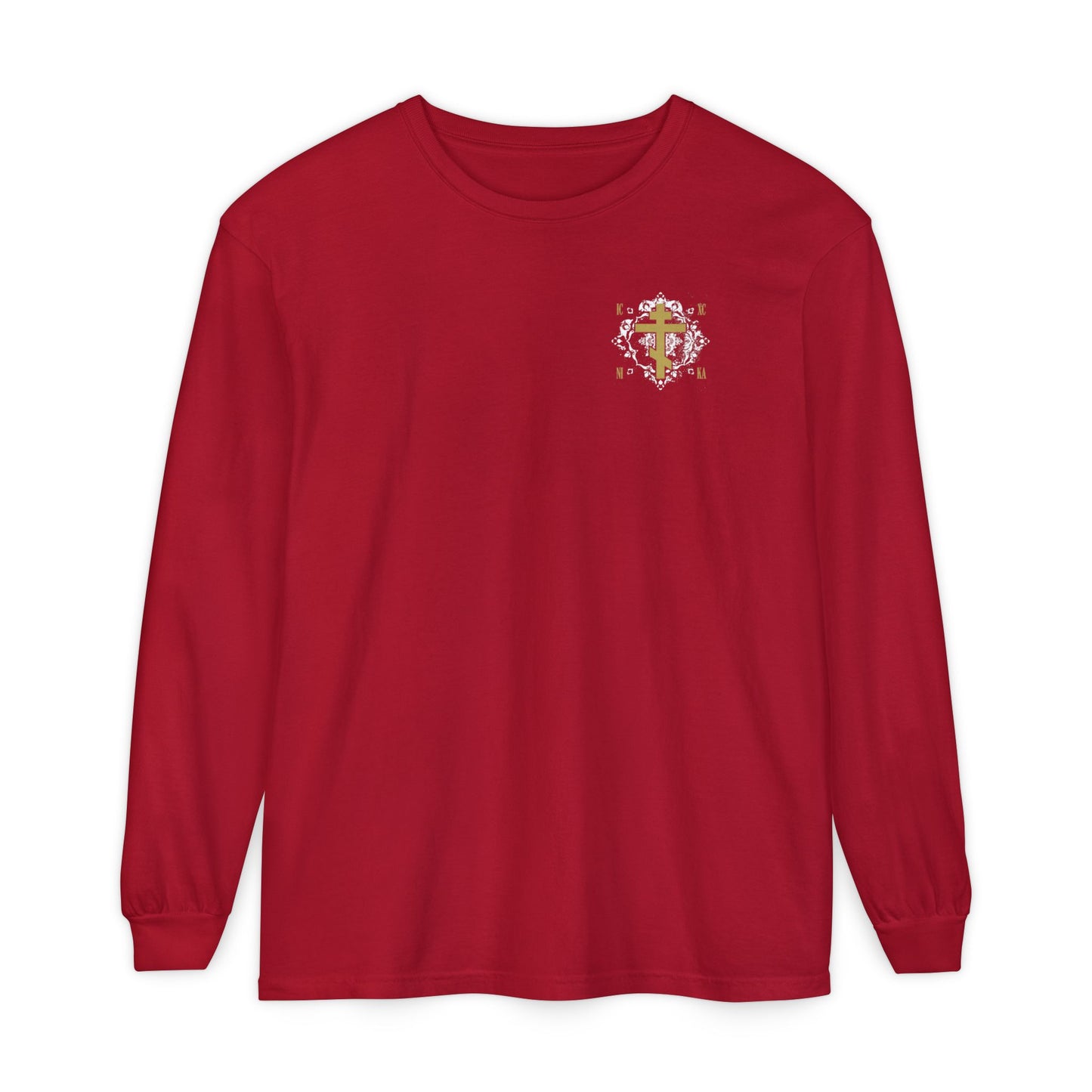 Gold Orthodox Cross ICXC NIKA  (Small Design) | White Medieval Ornate Floral Pattern | Jesus Christ Conquers | Christian Long Sleeve