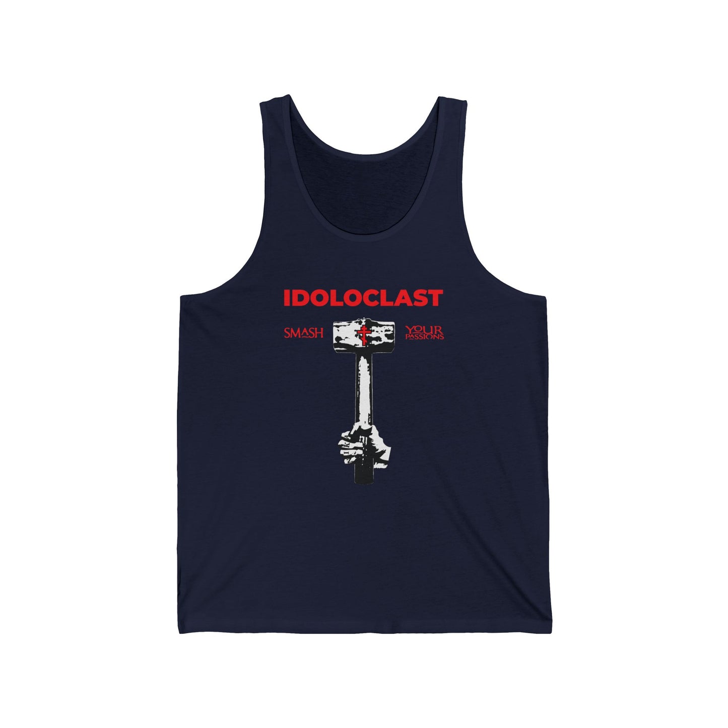 Navy Idoloclast Idol-Smasher tank top featuring a Jesus fist with sledgehammer and the text "Smash Your Passions"—an Orthodox Christian jersey shirt inspired by breaking free from the eight passions.