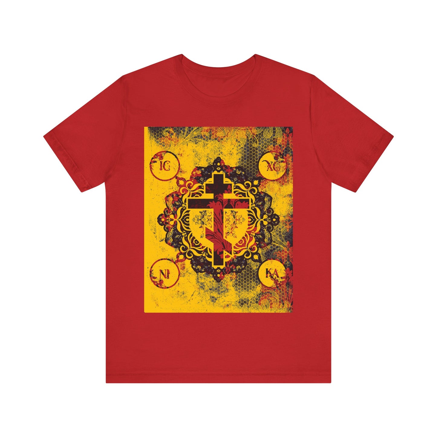 Red "IC XC NIKA Orthodox Cross" t-shirt with yellow & red modern and medieval textured floral design, featuring the letters IG, XC, NI, and KA—symbols of Christ’s sacrifice and the mystery of the Cross.