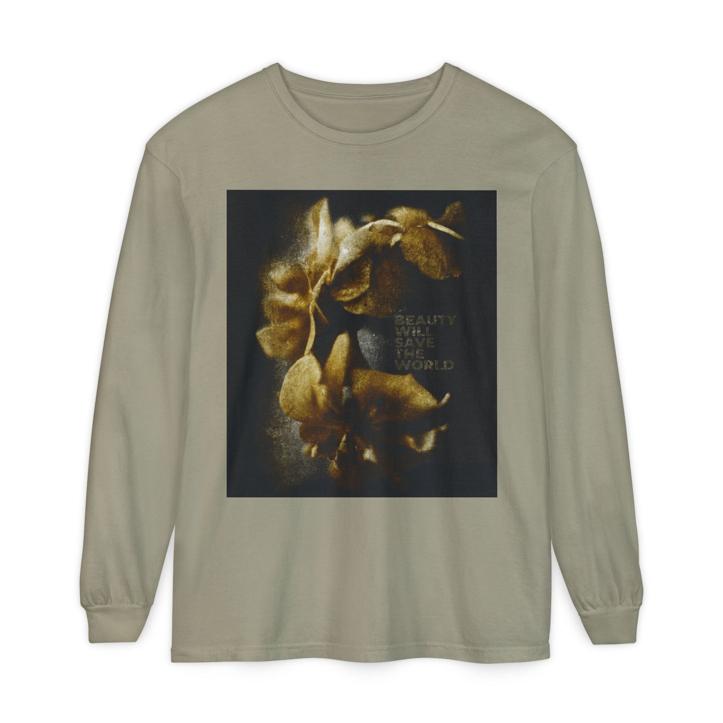 Sandstone long-sleeve shirt featuring a golden floral graphic and the phrase “Beauty will save the world,” inspired by Dostoevsky and original photography, glorifying Jesus Christ, Universal Creator & King.