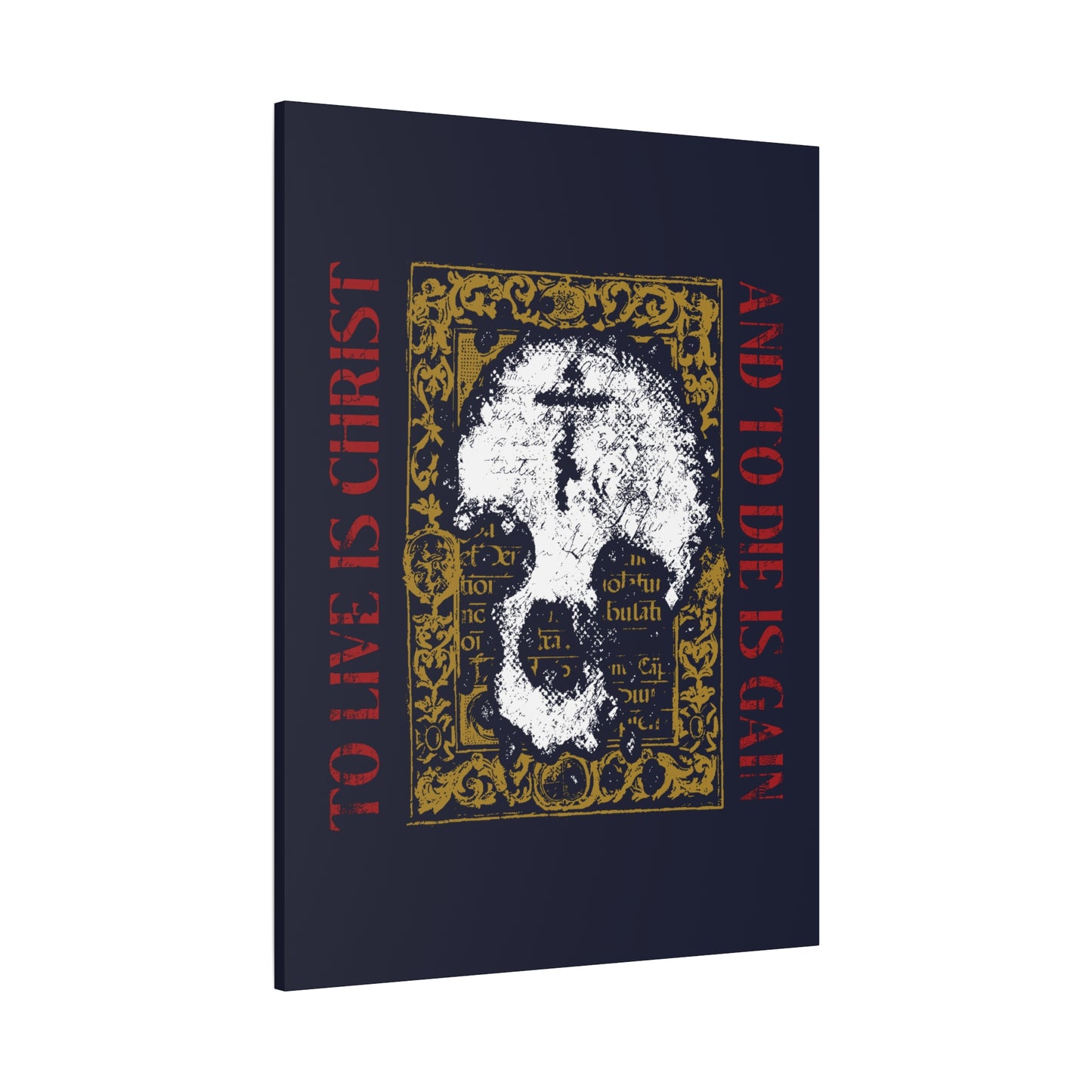 To Live is Christ, to Die is Gain (Philippians 1:21) | Skull with Cross on Gold Manuscript Texture | Orthodox Christian Canvas Art