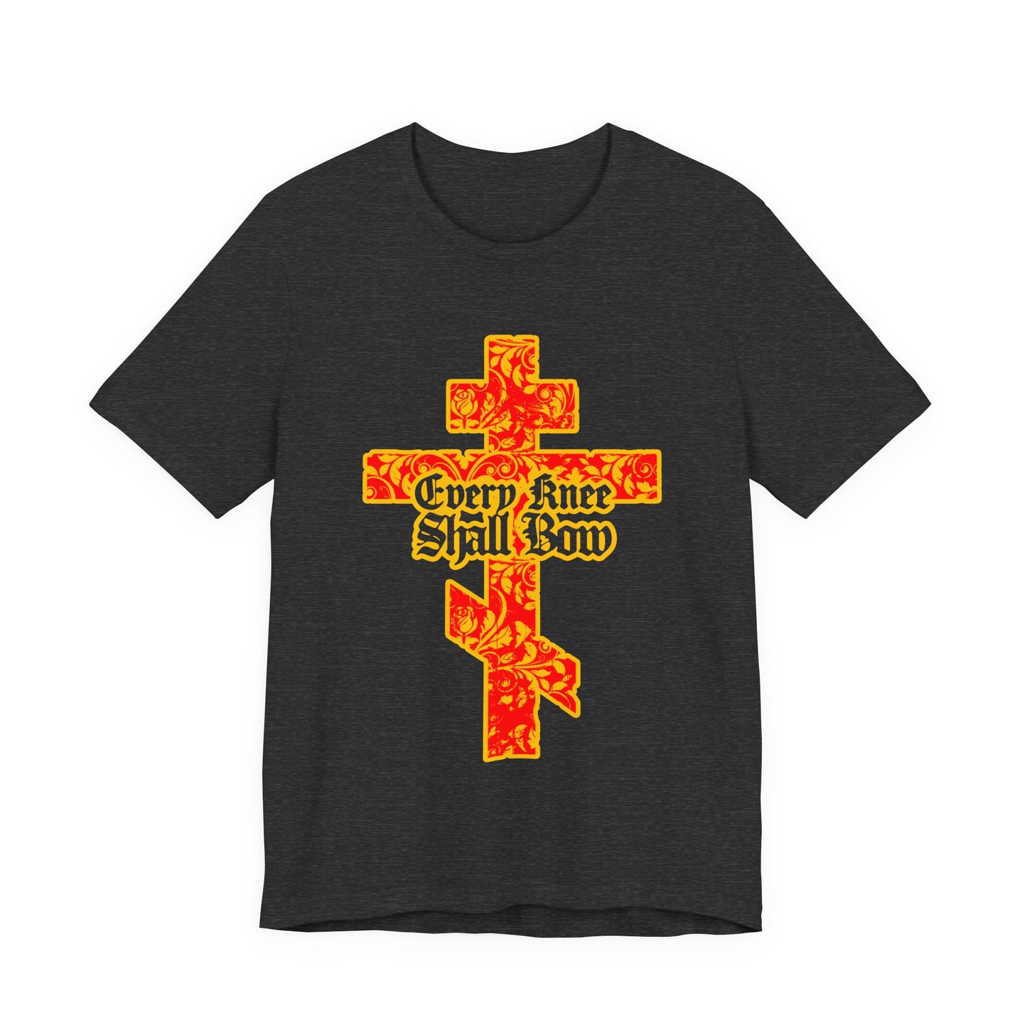 Black tee featuring a gold and red floral Orthodox cross with Gothic "Every Knee Shall Bow" lettering, inspired by Isaiah 45:22-24 and Philippians 2:7-11. Christian unisex design.