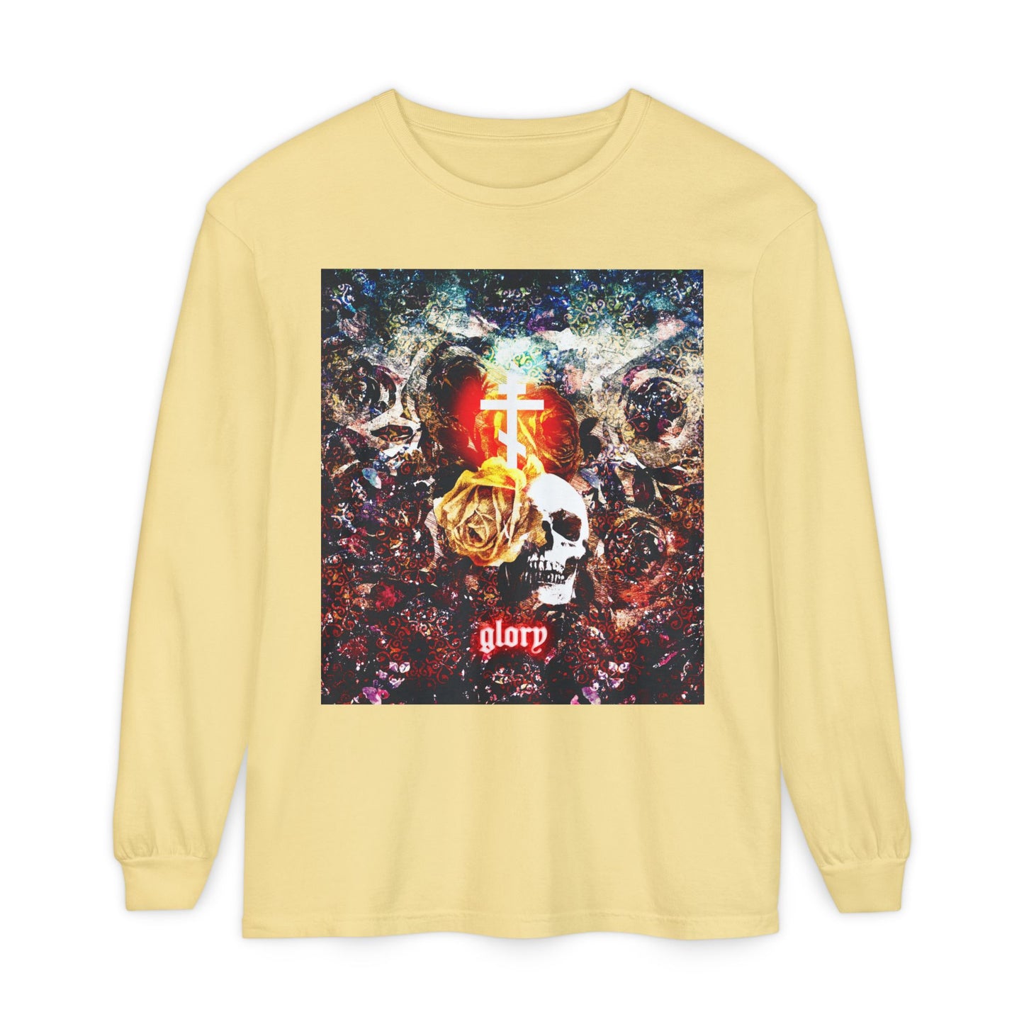 Now the Son of Man is Glorified (John 13:31) | Skull and Floral Glowing Cross Design | Orthodox Christian Long Sleeve Shirt