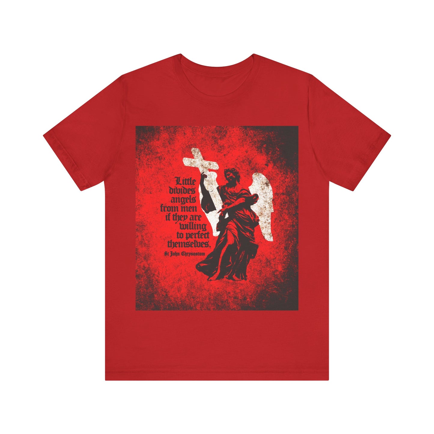 Red “Little Divides Angels from Men” Orthodox Christian T-shirt featuring St John Chrysostom’s quote and a textured cemetery angel image on a red background.