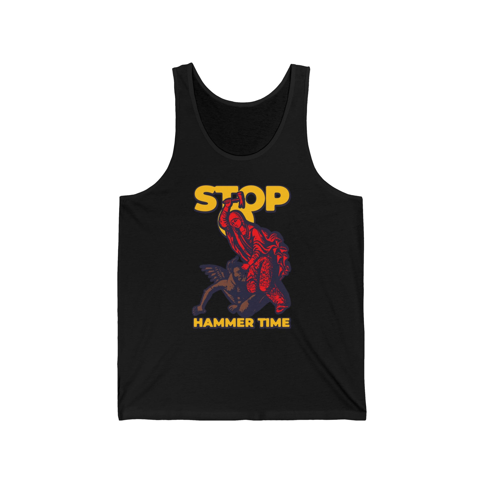 Wear the "St Marina of Antioch Beating the Devil with a Hammer" tank top—featuring bold red, blue, and yellow artwork with "STOP HAMMER TIME"—a modern Orthodox meme celebrating resilience and faith in playful style.
