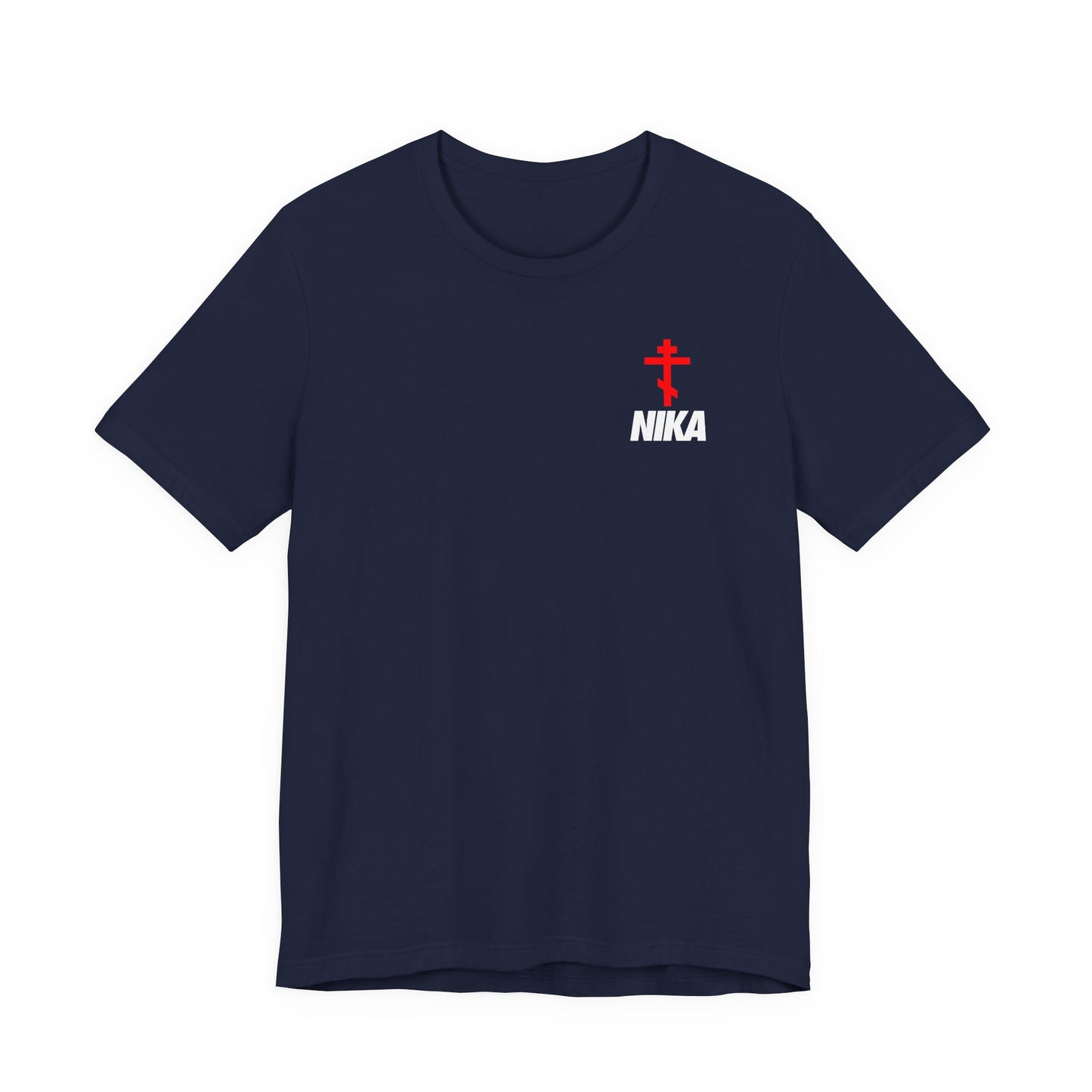 Navy Orthodox Cross T-shirt with bold NIKA text in a small design—NIKE logo mashup, symbolizing "Jesus Christ Conquers." Athletic ascetic Christian fashion.