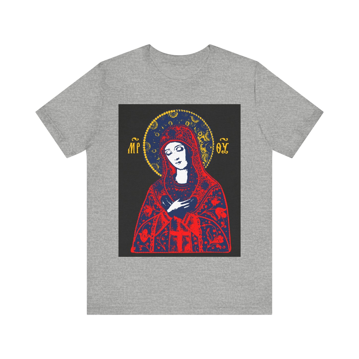 Athletic Heather t-shirt with a bright red Joy of All Joys Tenderness Theotokos icon, inspired by traditional Orthodox iconography.