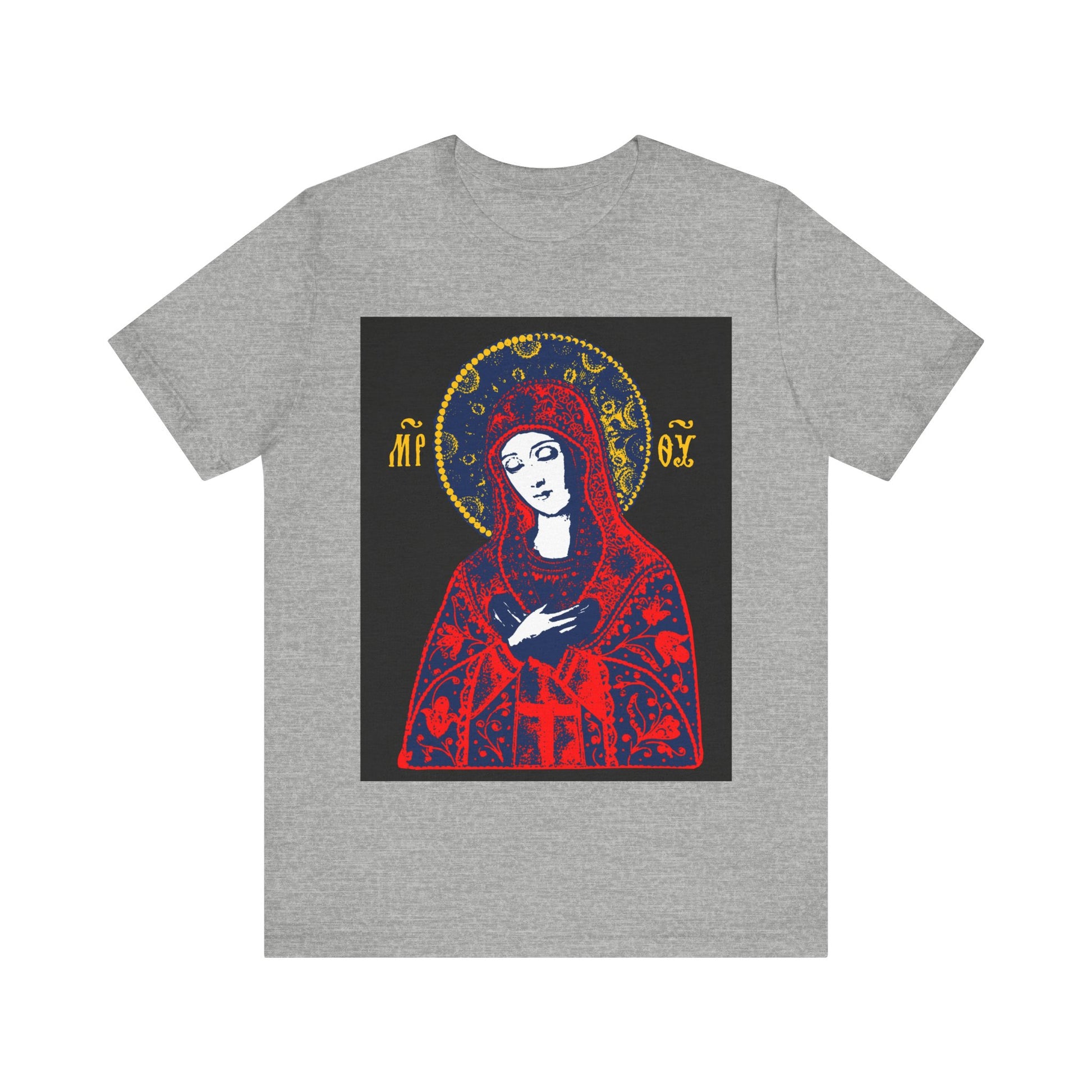 Athletic Heather t-shirt with a bright red Joy of All Joys Tenderness Theotokos icon, inspired by traditional Orthodox iconography.