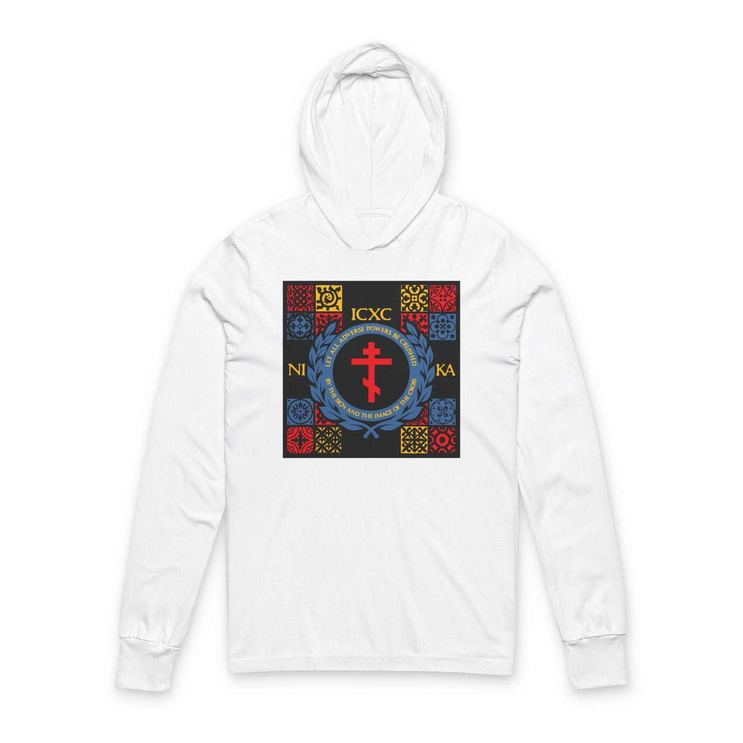 Let All Adverse Powers Be Crushed (Red, Yellow & Blue Design) | ICXC NIKA | Medieval Tile Design | Orthodox Long Sleeve Hooded Shirt