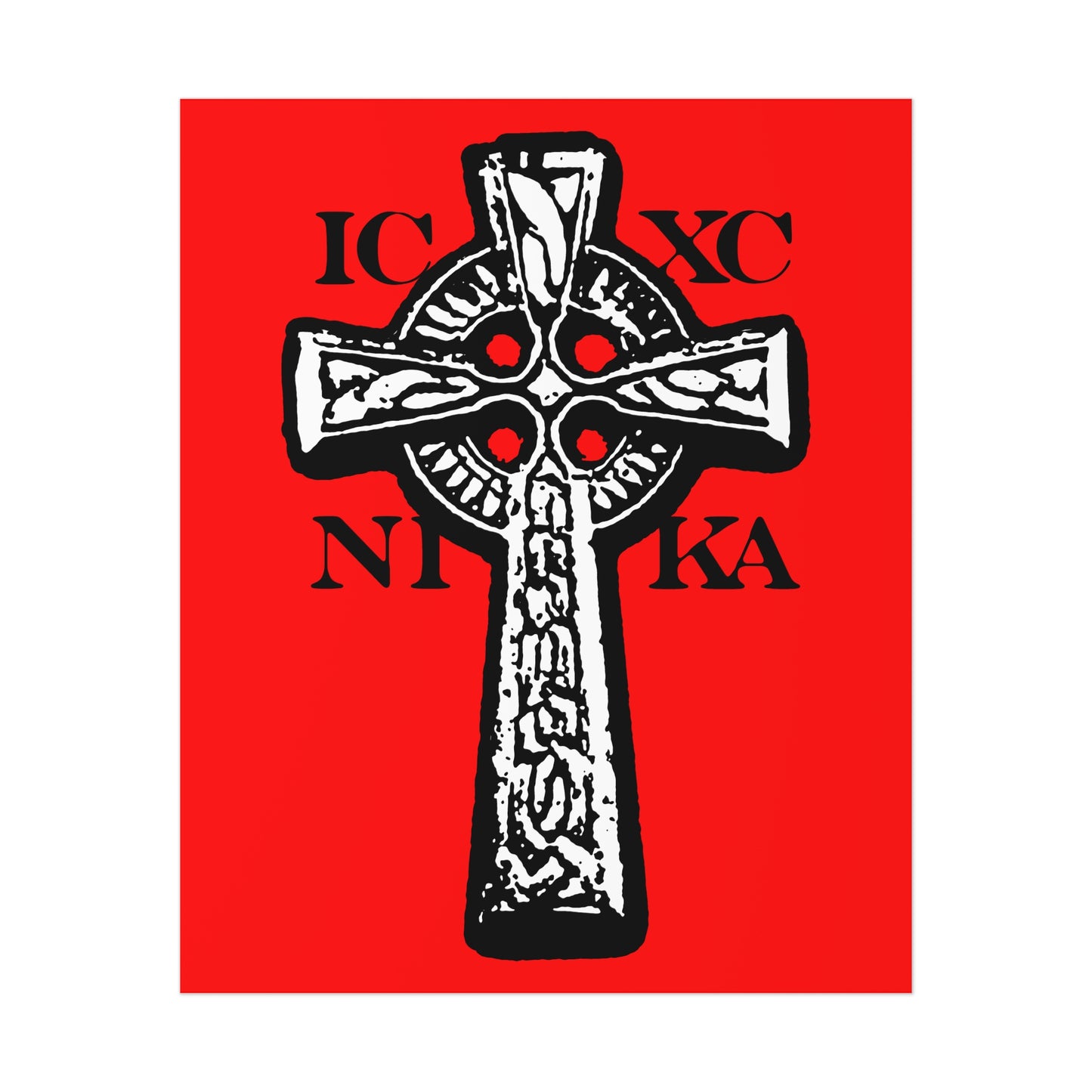 The ICXC NIKA Celtic Knotwork Cross art poster features a bold black and white cross on a vivid red background, symbolizing "Jesus Christ Conquers" in traditional Orthodox Christian style.