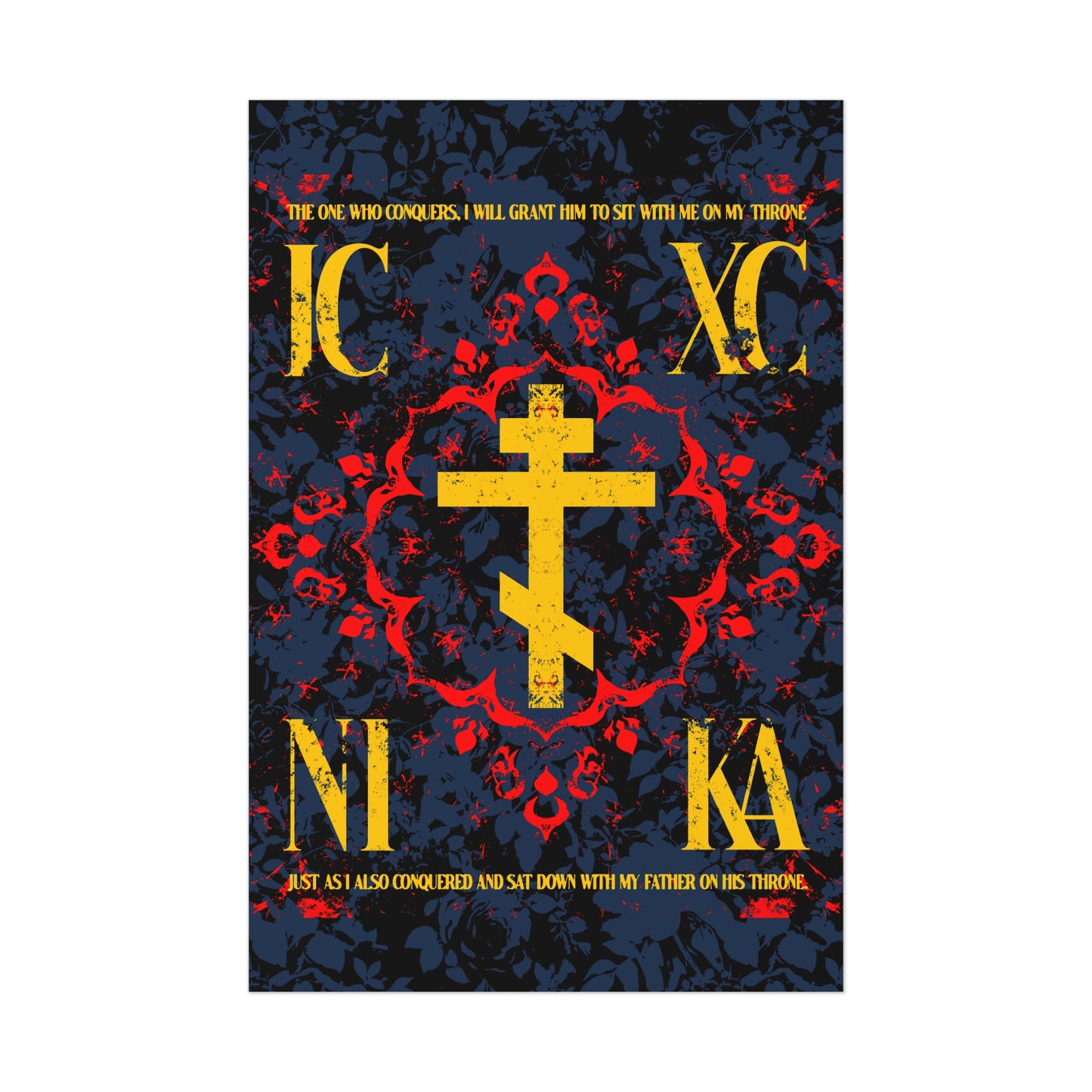 IC XC NIKA Orthodox Cross | Medieval Floral Design | The One Who Conquers (Revelation 3:21) | Orthodox Christian Art Poster