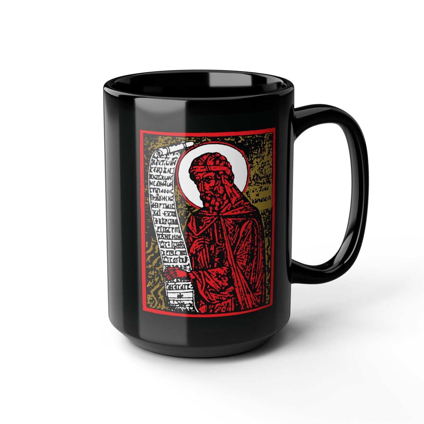 Black mug featuring a high-contrast red, gold, and black icon-style image of St. John of Damascus holding a scroll with Cyrillic script. Perfect for Orthodox Christians.